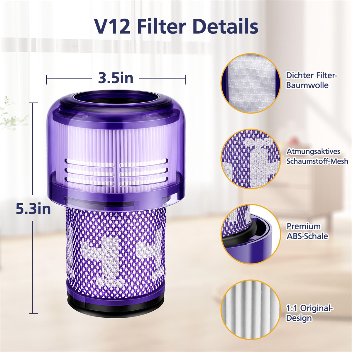 Ein lila Filter für einen Staubsauger mit Details wie Abmessungen und inneren Strukturen.