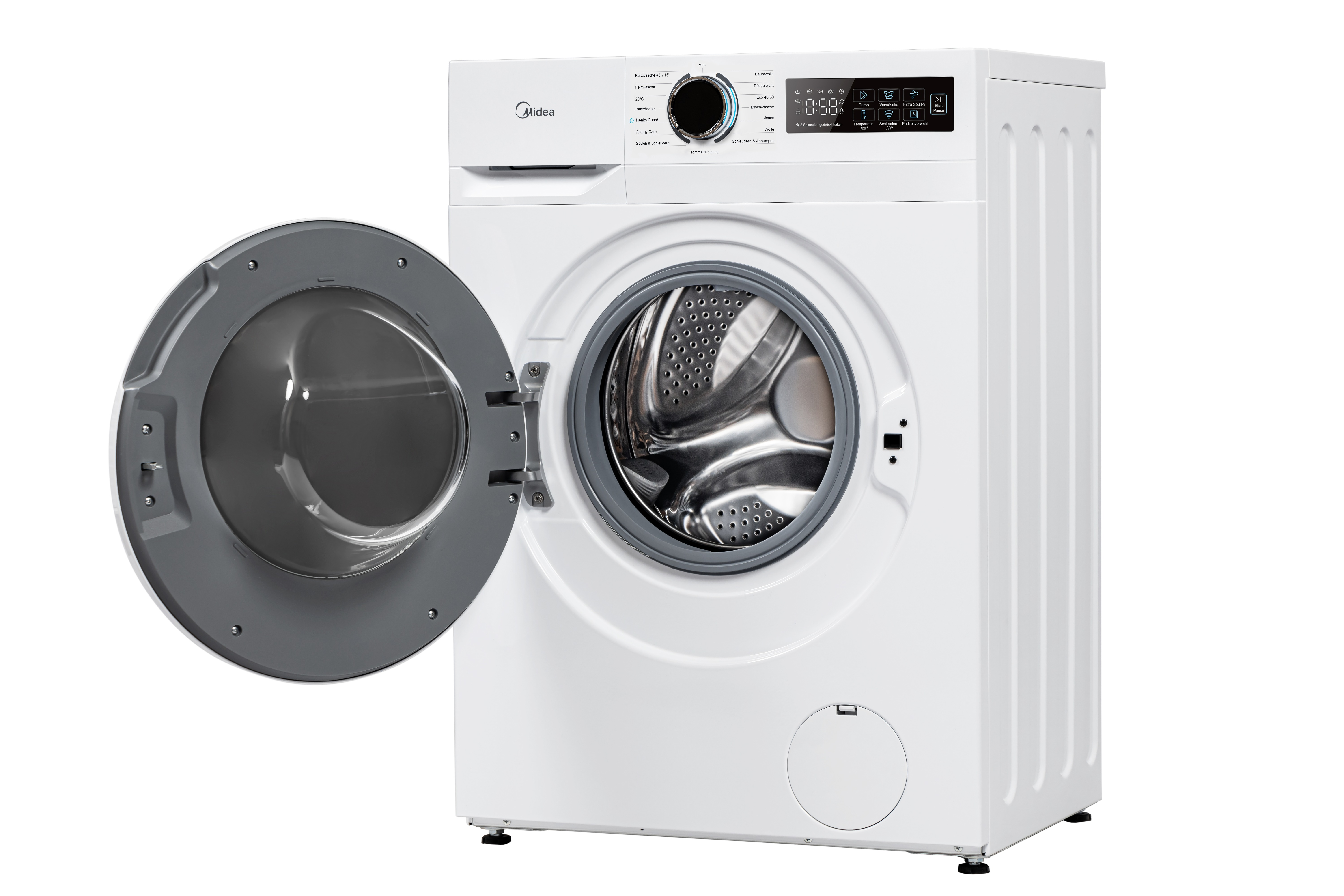 Eine weiße Midea Waschmaschine mit geöffneter Tür, die das Innere der Trommel zeigt.