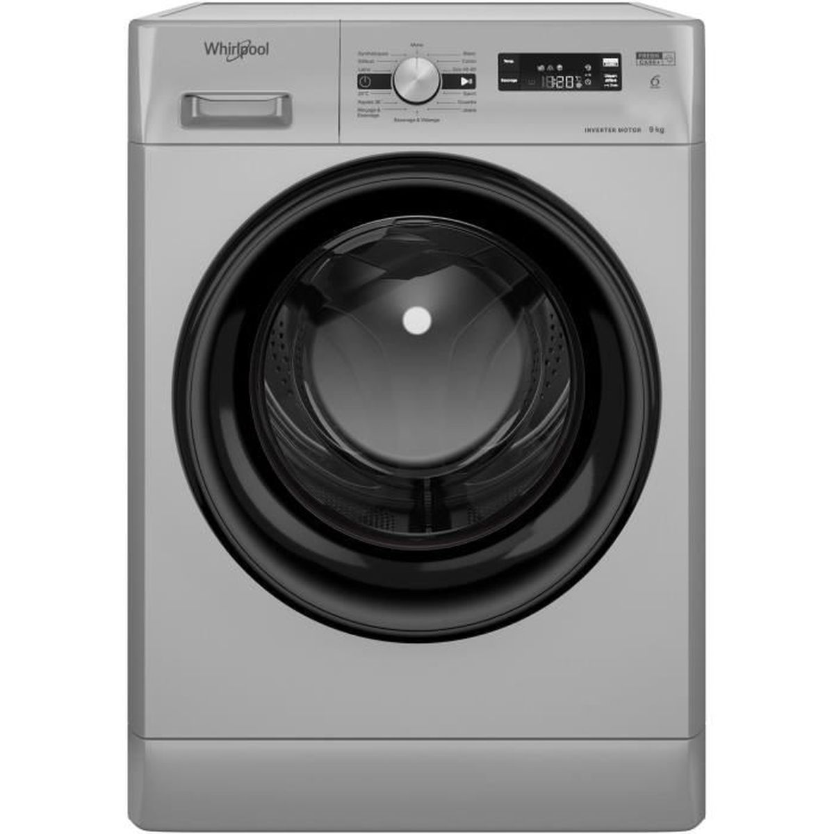 Silberne Waschmaschine mit schwarzer Tür und Bedienfeld. Marke 'Whirlpool' sichtbar.