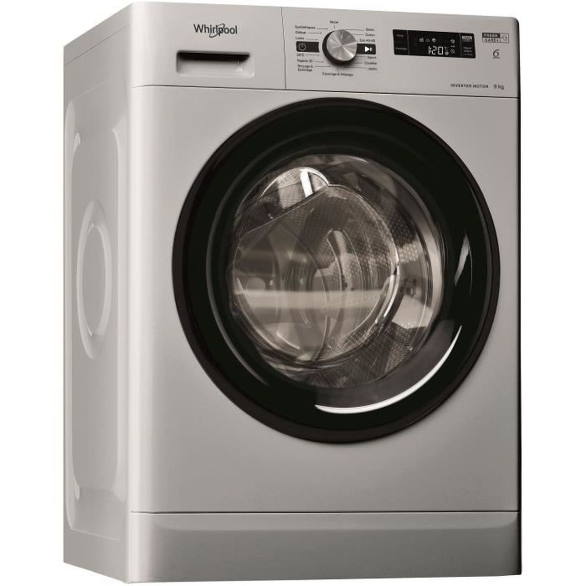 Silberne Waschmaschine mit schwarzer Tür und Bedienfeld. Die Marke 'Whirlpool' ist sichtbar.