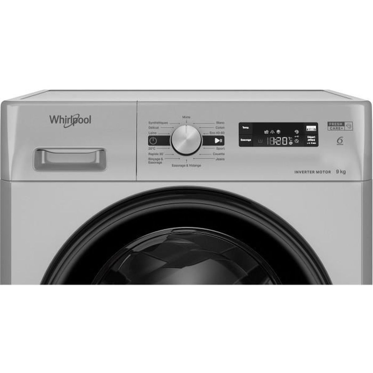 Bedienfeld einer Whirlpool-Waschmaschine. Mit Tasten und Anzeige für Einstellungen.