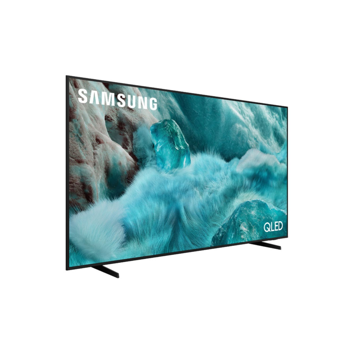 Samsung QLED-Fernseher, der eine blaue, wolkige Szene zeigt. Schwarzer Rahmen, weißer Hintergrund.