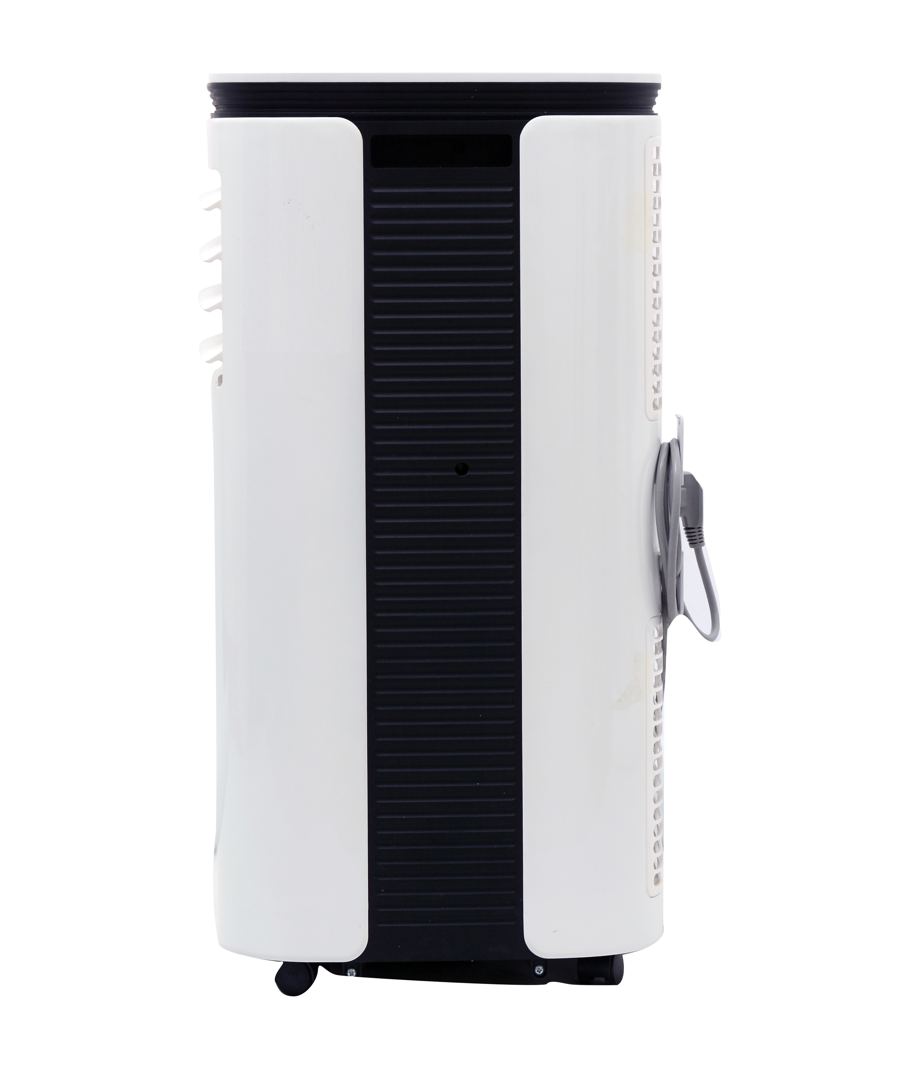 Un purificatore d'aria bianco, vista laterale. Ha una sezione centrale nera e un cavo di alimentazione collegato.