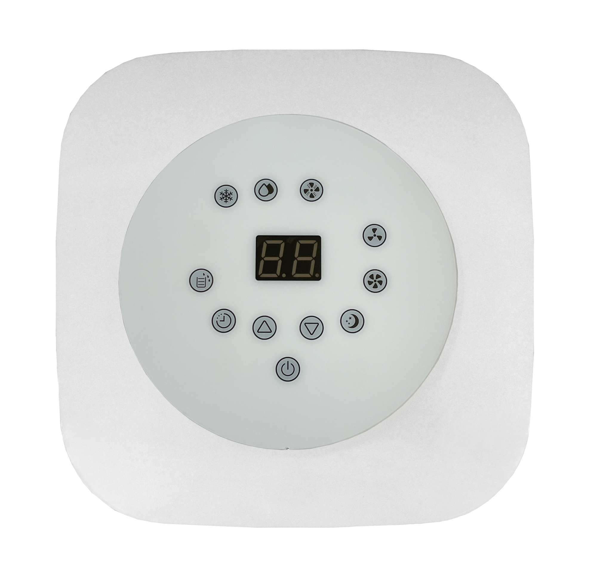 Un pannello di controllo bianco con un design circolare. Presenta un display digitale e varie icone di pulsanti.