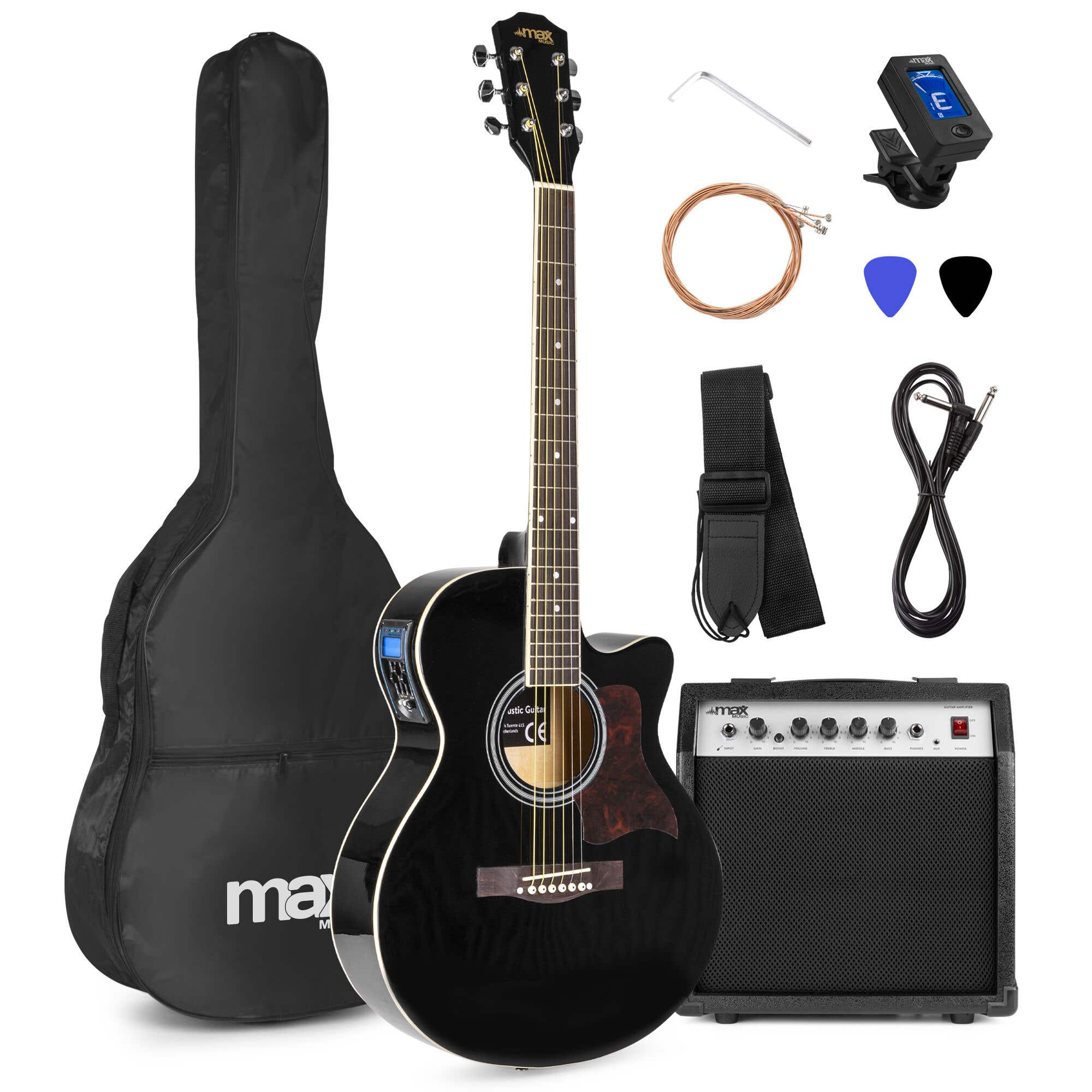 Eine schwarze Akustikgitarre mit Zubehör. Enthält einen Koffer, Verstärker, Stimmgerät, Gurt, Plektren und Kabel.