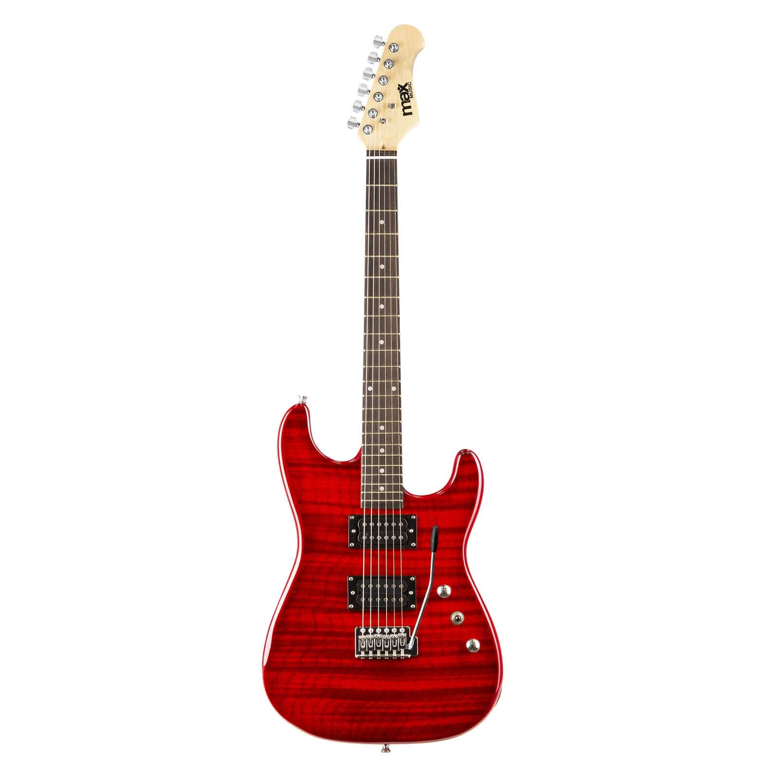 Une guitare électrique rouge avec un manche en érable, sur fond blanc, vue de face.