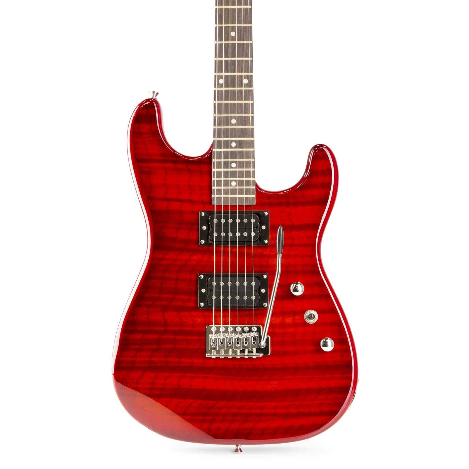 Une guitare électrique rouge sur fond blanc. La guitare a une finition brillante avec des micros noirs.
