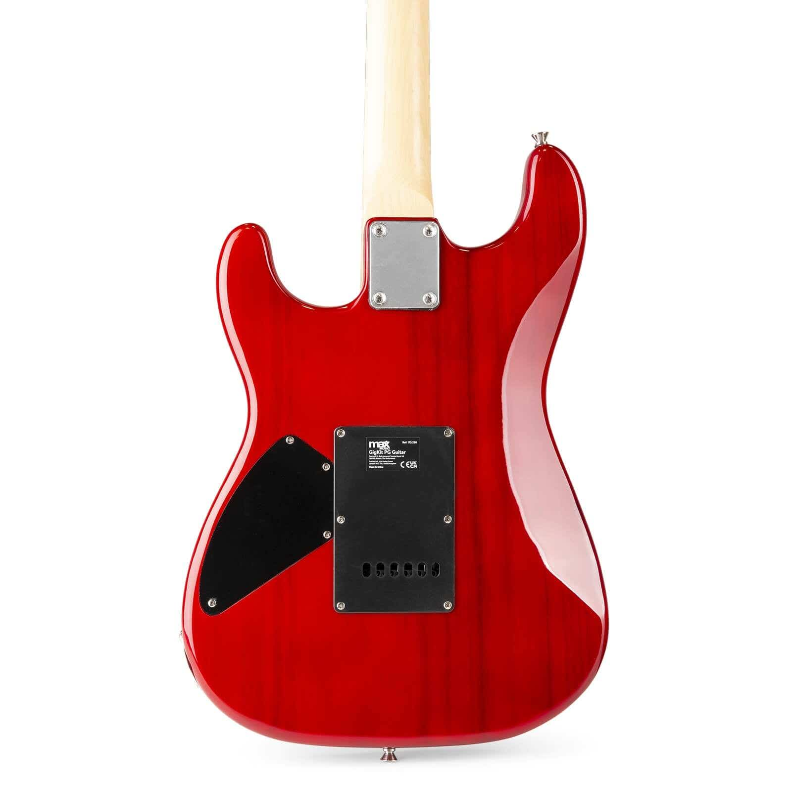 Le dos d'une guitare électrique rouge, montrant le corps, une plaque noire et le manche.