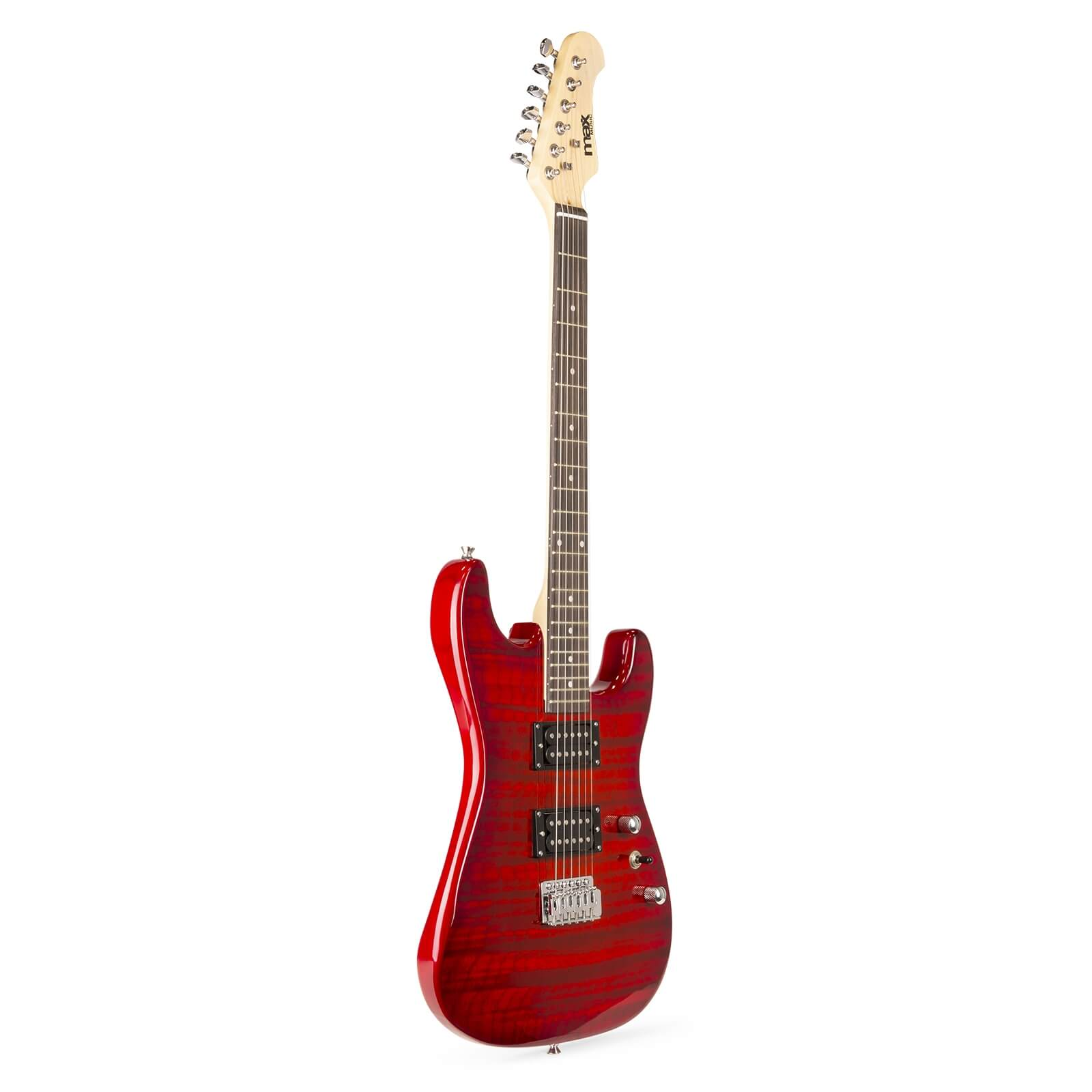 Une guitare électrique rouge, manche en érable, sur fond blanc, vue de côté, montrant le corps.