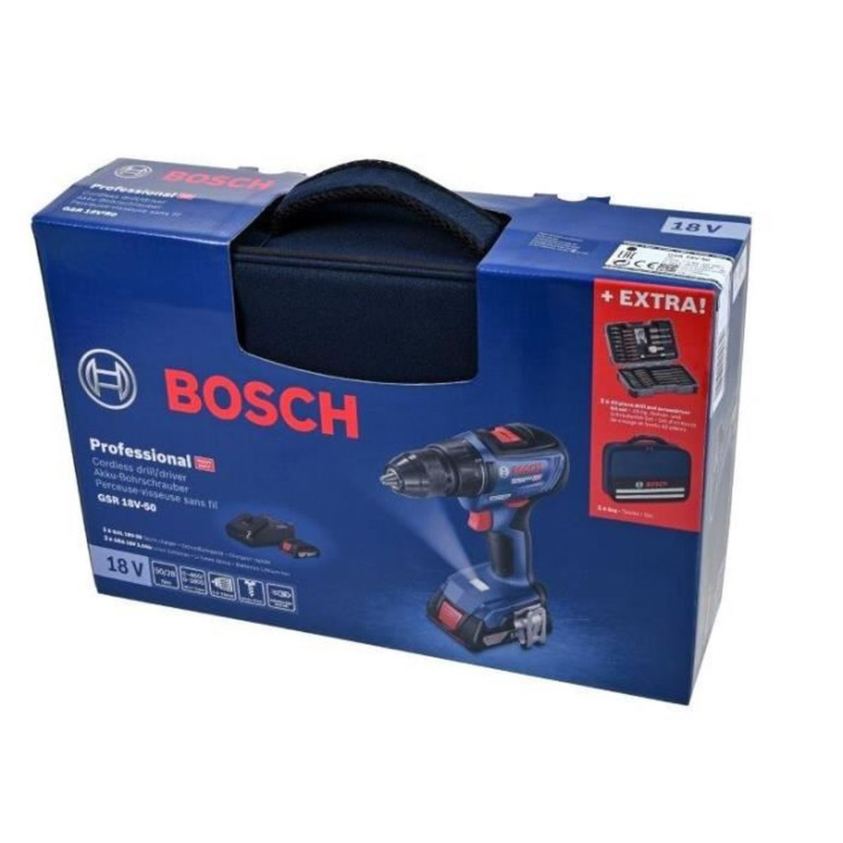 Un taladro Bosch azul en su caja, con accesorios adicionales. La caja es azul, con el logotipo de Bosch y texto.