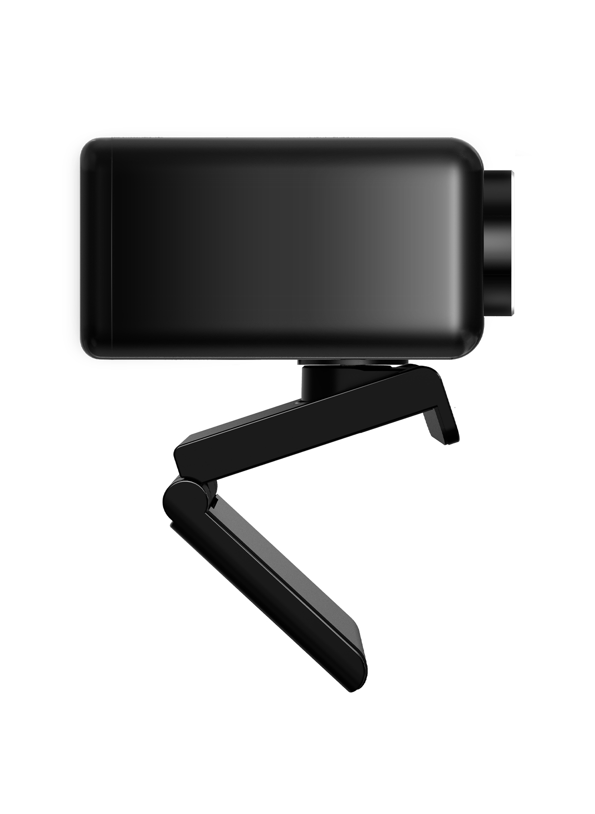 Eine schwarze Webcam auf einem Ständer, leicht nach oben geneigt. Es hat ein einfaches, schlankes Design.