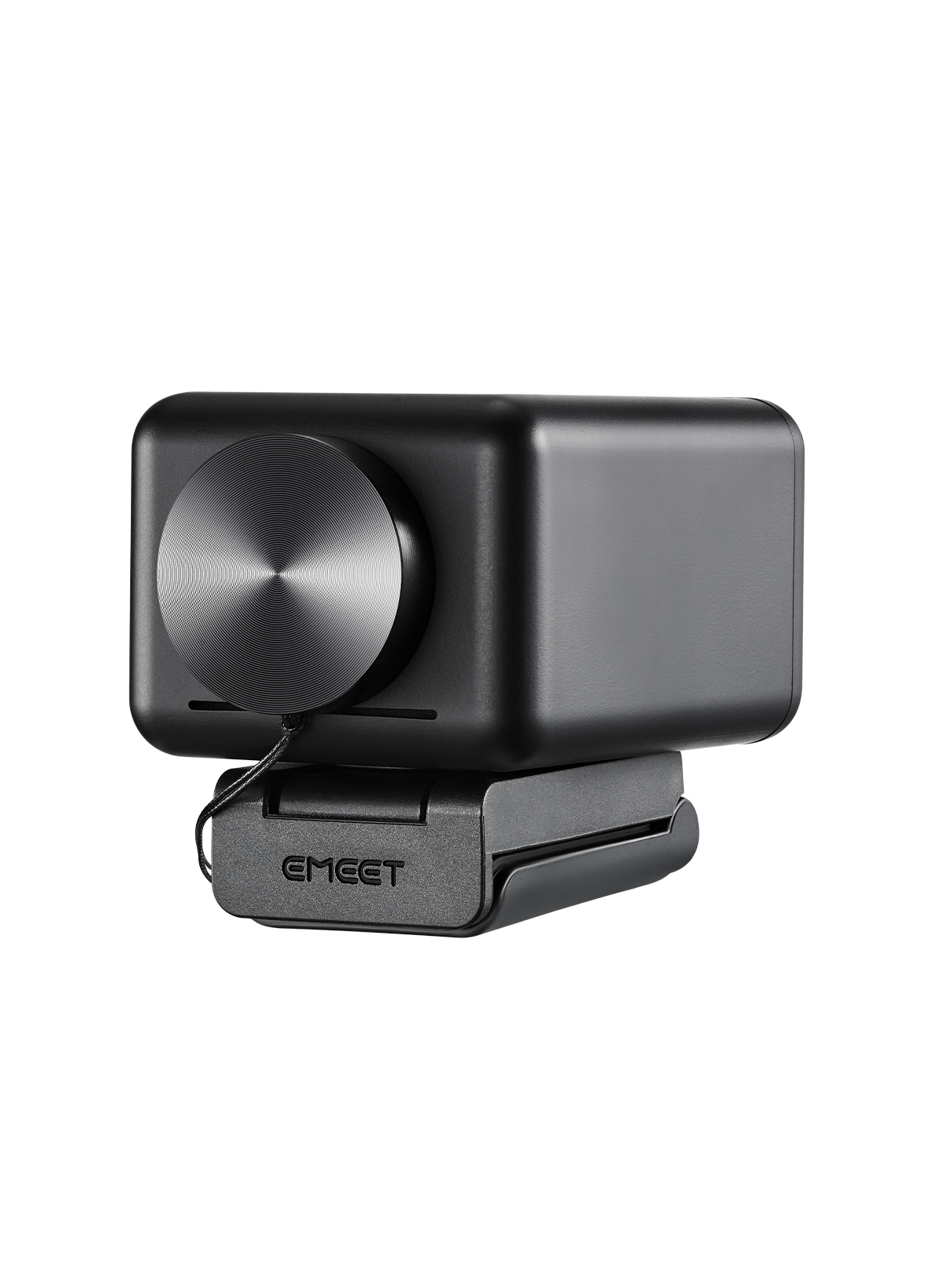 Eine schwarze Webcam mit runder Front und Ständer. Sie befindet sich auf weißem Hintergrund.