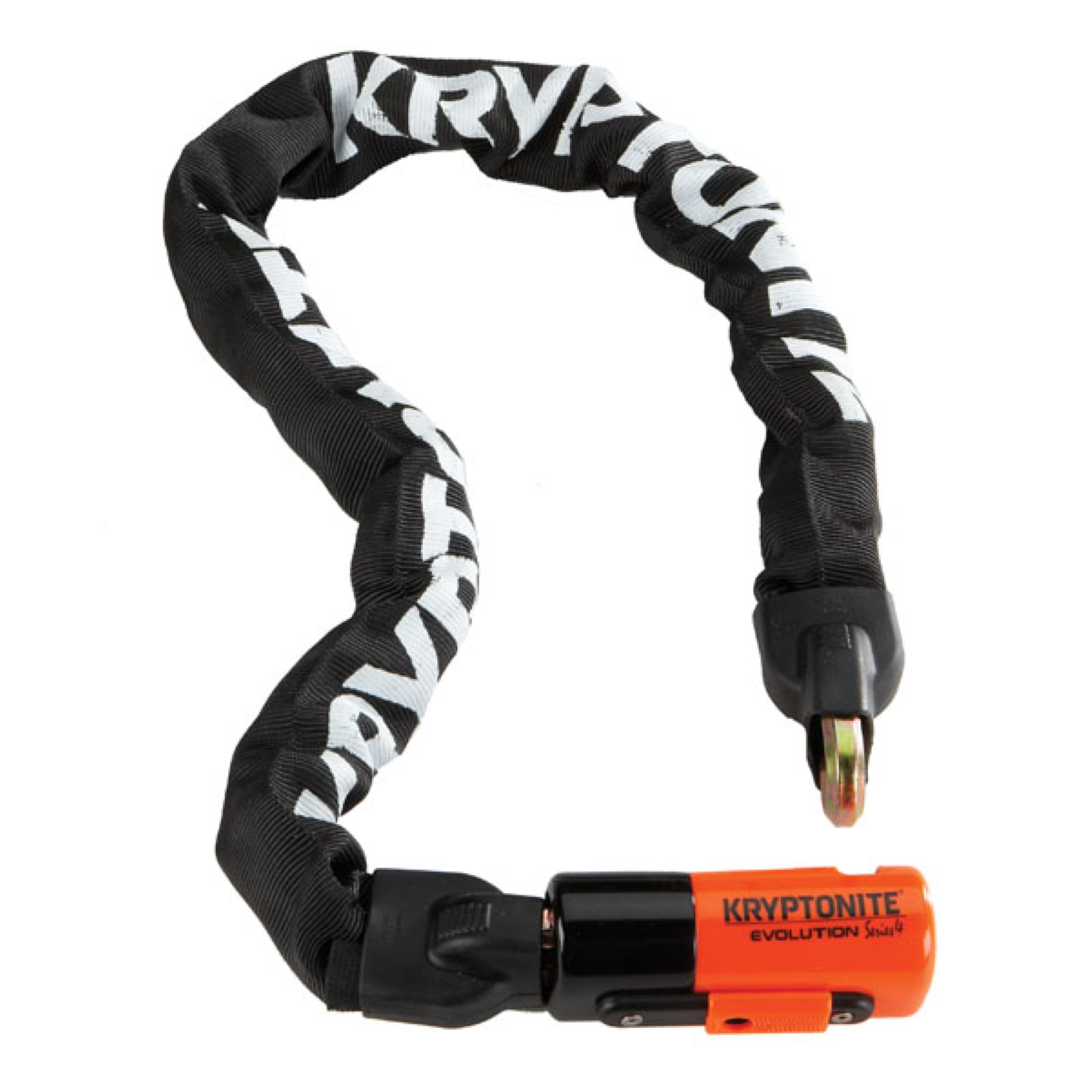 Un lucchetto a catena per bicicletta Kryptonite Evolution Series 4. È nero con scritte bianche e serratura arancione.