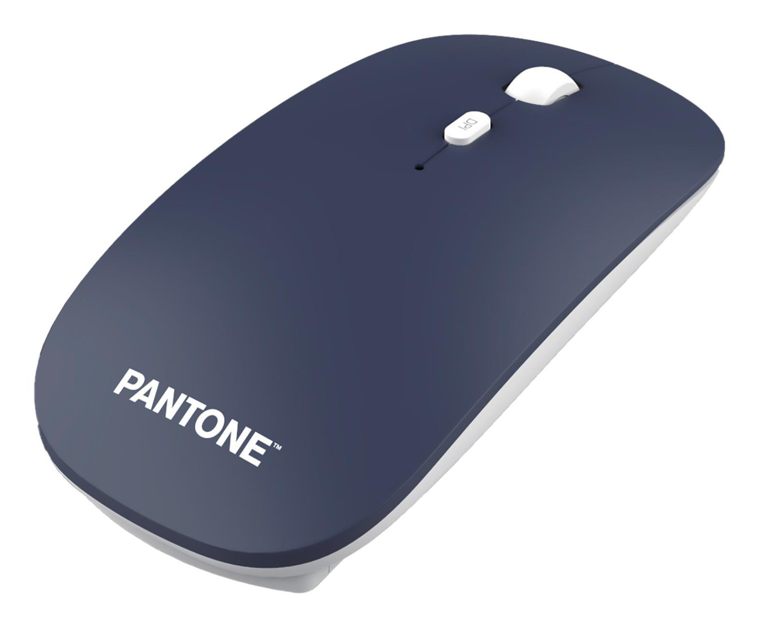 Un mouse PANTONE blu scuro e bianco su sfondo bianco con rotella e pulsante DPI.