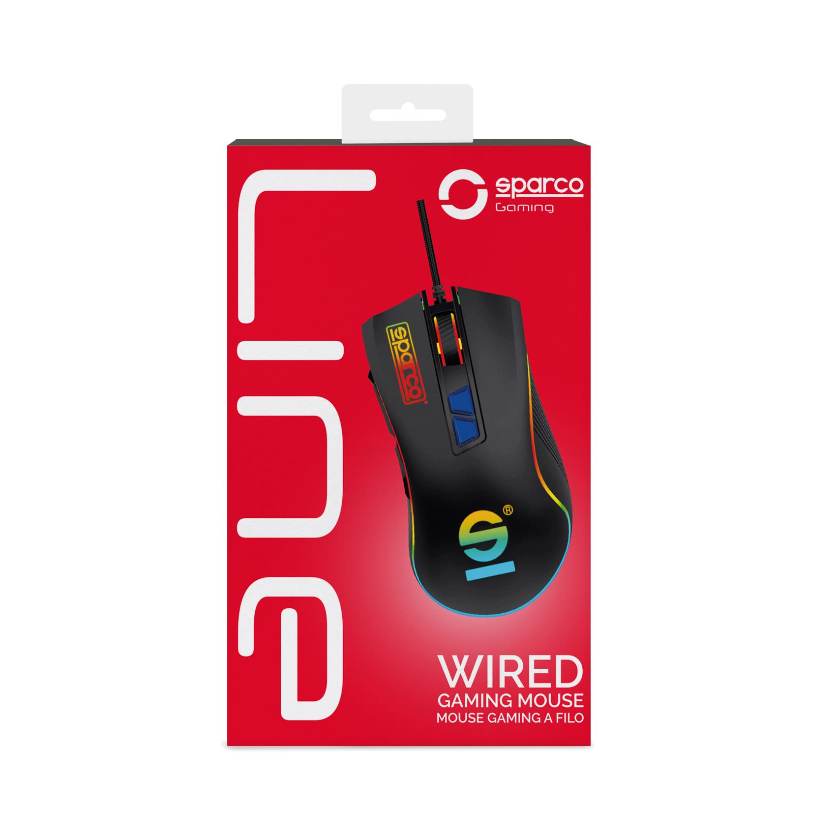 Mouse gaming in scatola con logo Sparco colorato. La scatola dice mouse gaming e wired.