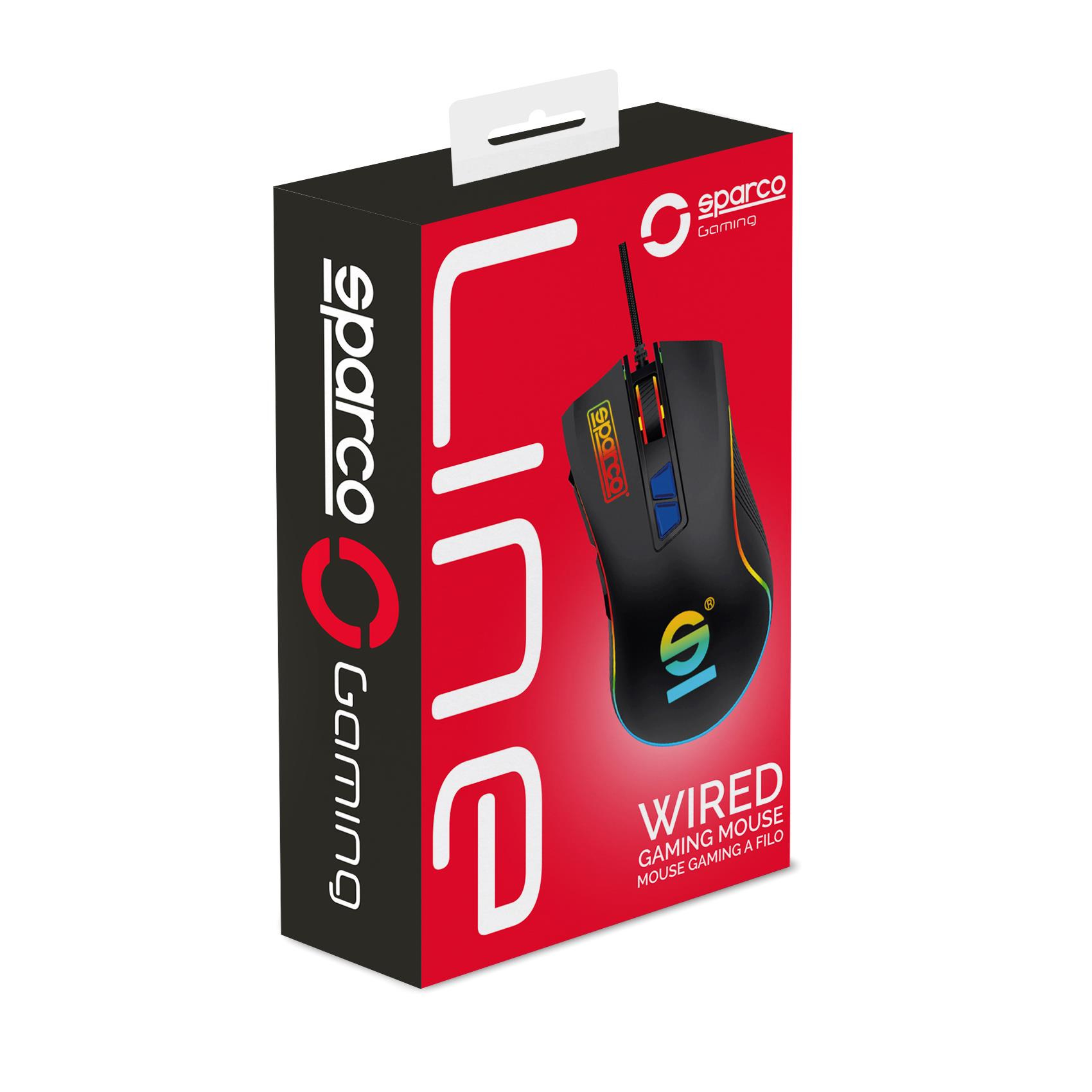 Un mouse cablato Sparco Gaming nero e rosso in una scatola. La scatola ha il logo Sparco e 'LINE'.