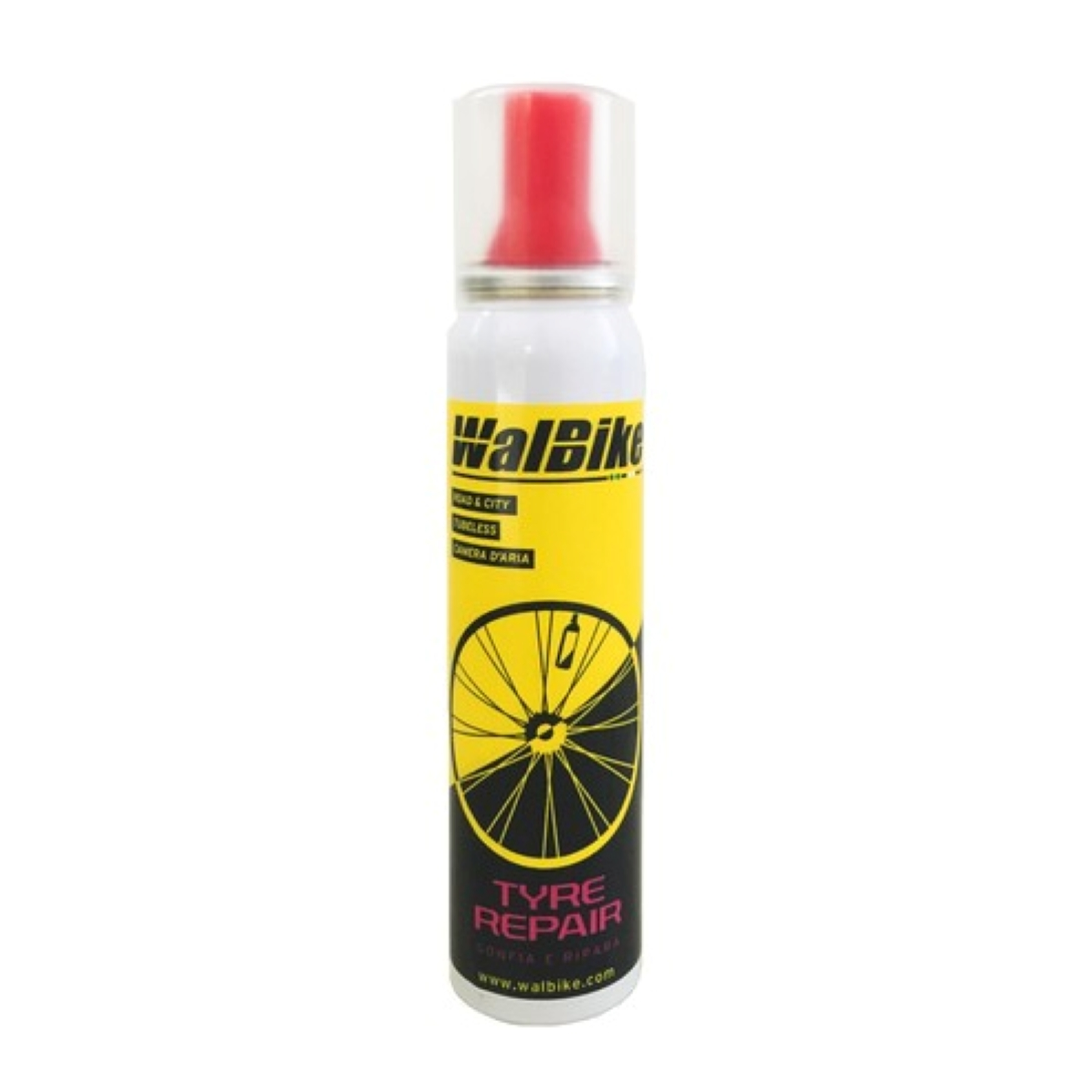 Una bottiglia di WalBike Tyre Repair, con un'etichetta gialla e nera e un tappo rosso, su bianco.