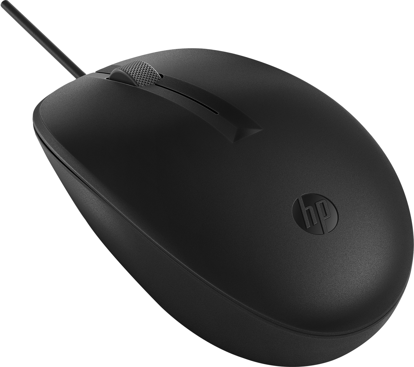 Souris HP noire avec un cordon, vue en angle. Le logo HP est en bas de la souris.
