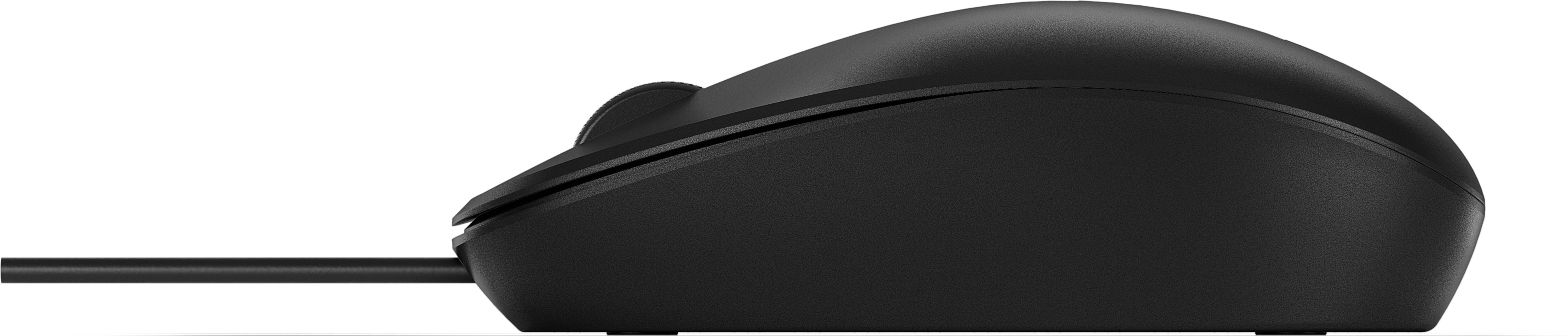Vue latérale d'une souris noire avec un cordon. Elle a une molette et un design élégant.
