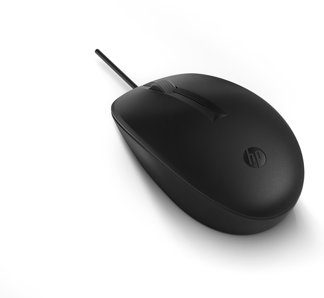 Souris noire avec une molette et logo HP, et un cordon noir sur fond blanc.