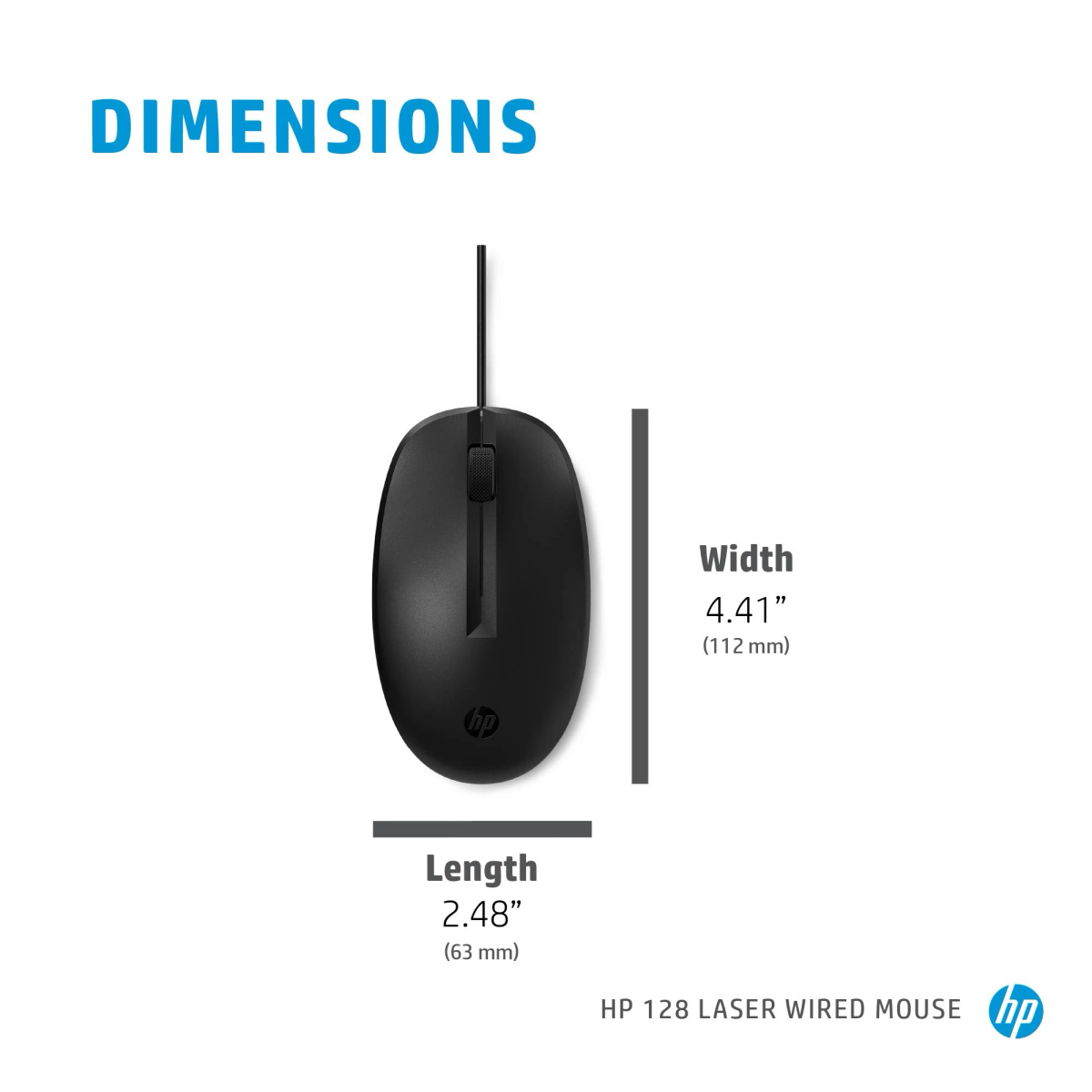 Souris noire avec un cordon noir, avec dimensions et le logo HP sur fond blanc.