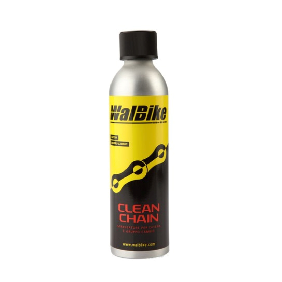 Una bottiglia di WalBike Clean Chain, uno sgrassatore per catene e gruppi, con un'etichetta gialla e nera.