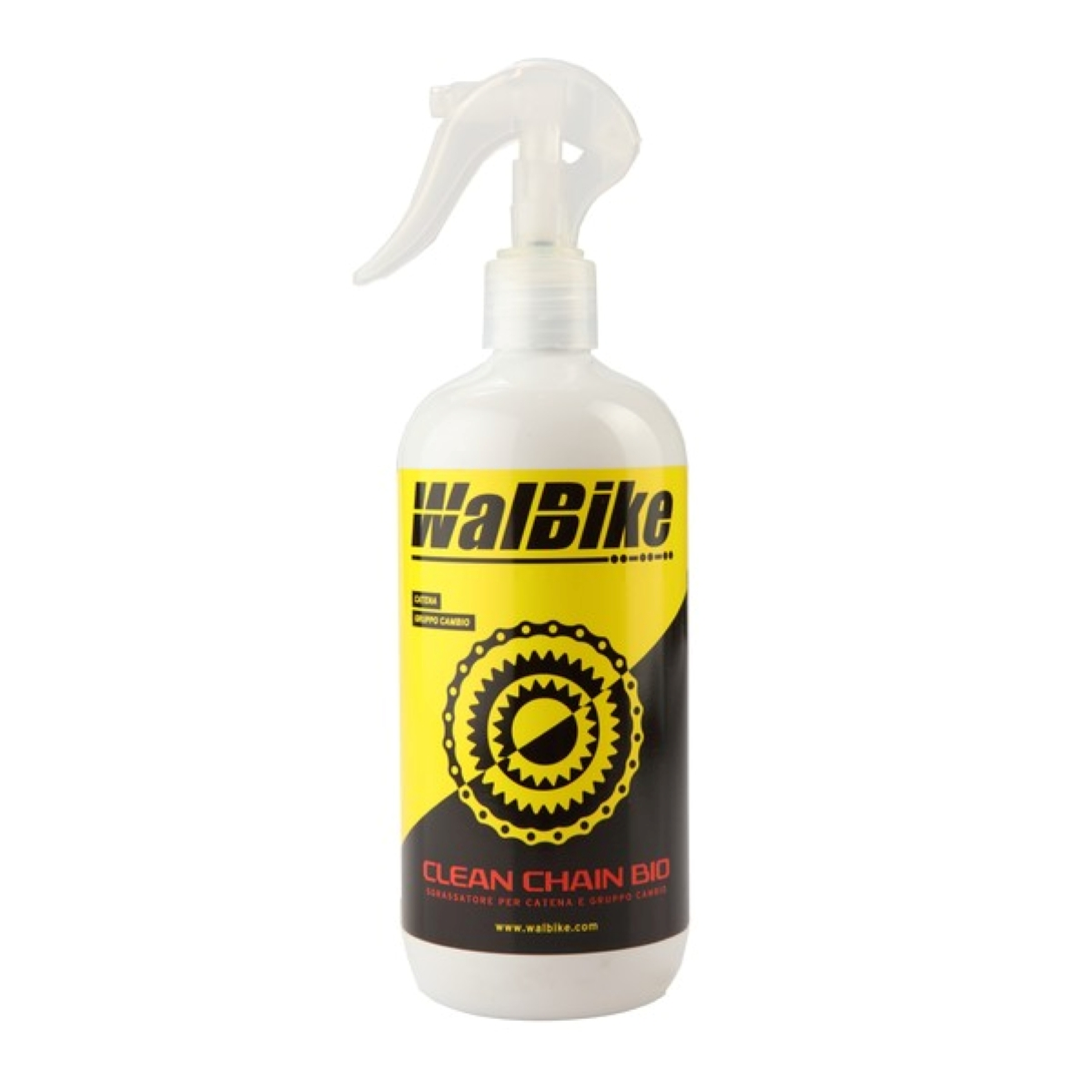 Flacone di WalBike Clean Chain Bio, bianco, etichetta gialla e nera con grafica a catena.