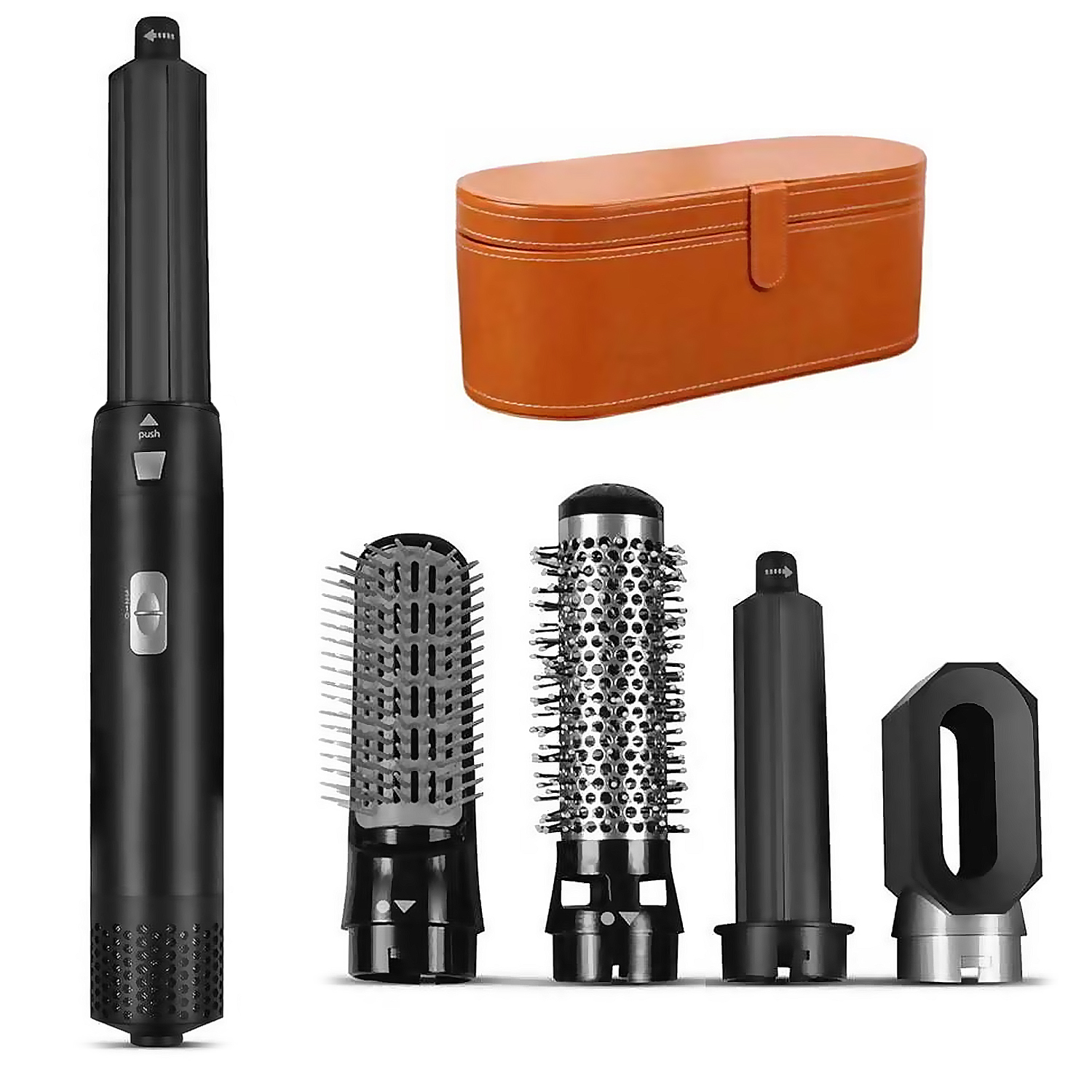 Un'attrezzo per lo styling dei capelli nero con più accessori e una custodia arancione su sfondo bianco.