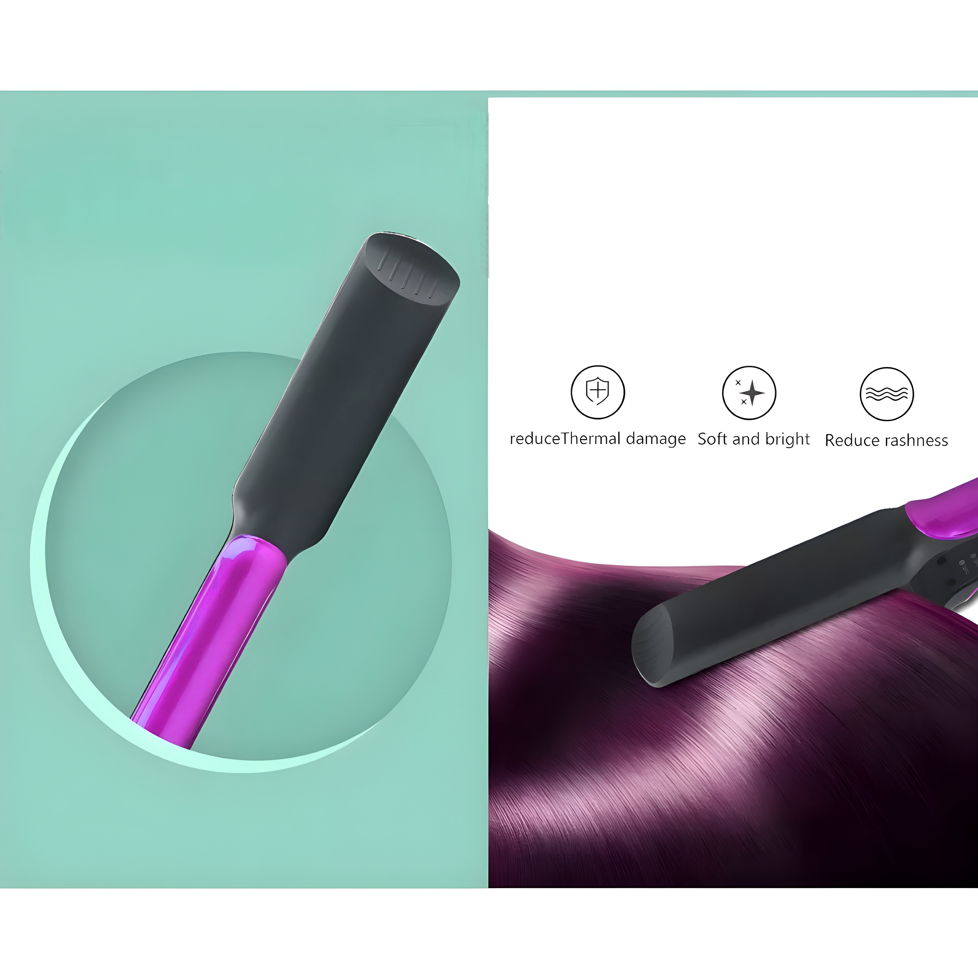 La imagen muestra dos paneles separados. Uno muestra una plancha de pelo; el otro muestra iconos y texto sobre los beneficios para el cabello.
