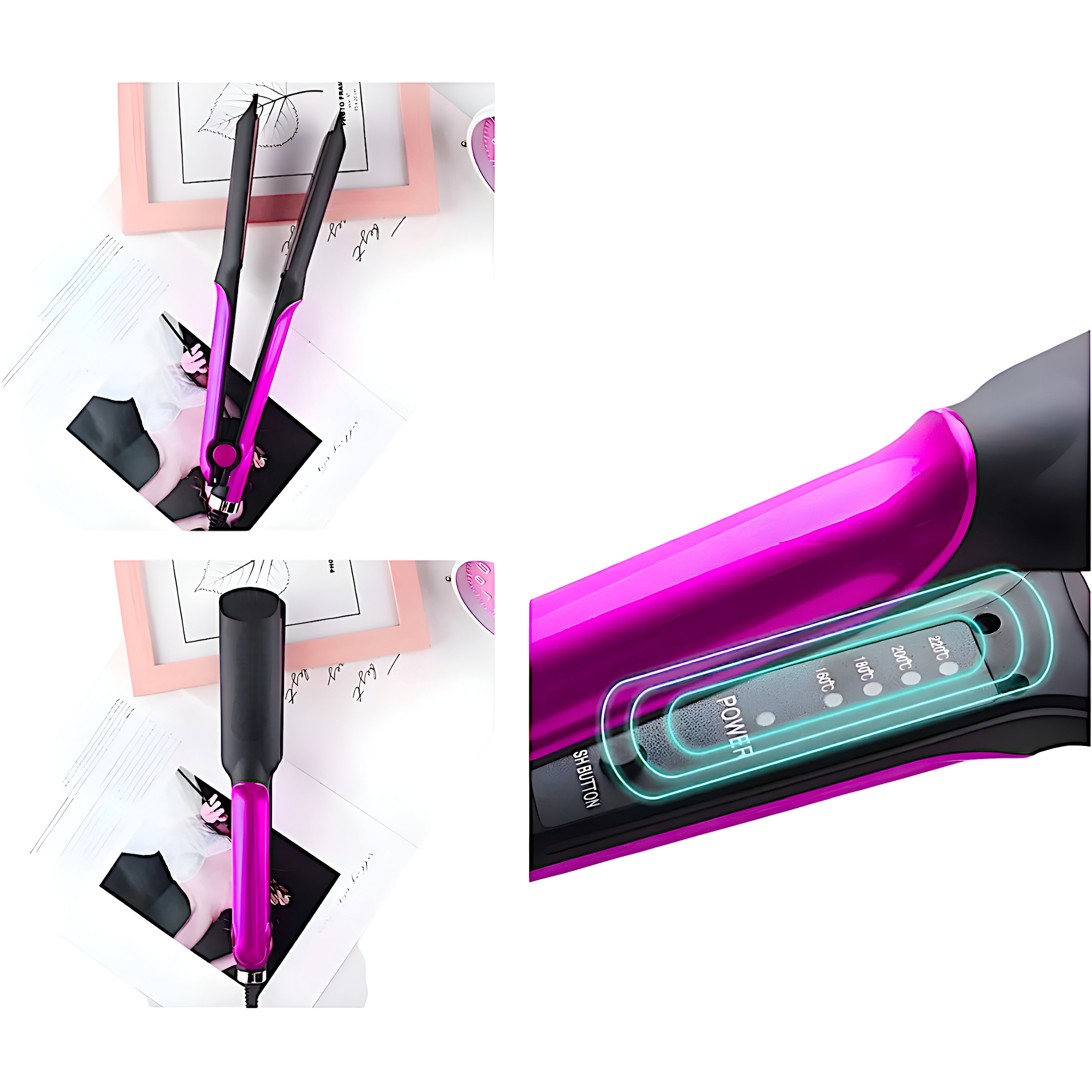 La imagen muestra una plancha de pelo rosa y negro, con múltiples imágenes y un botón de encendido con ajustes de temperatura.