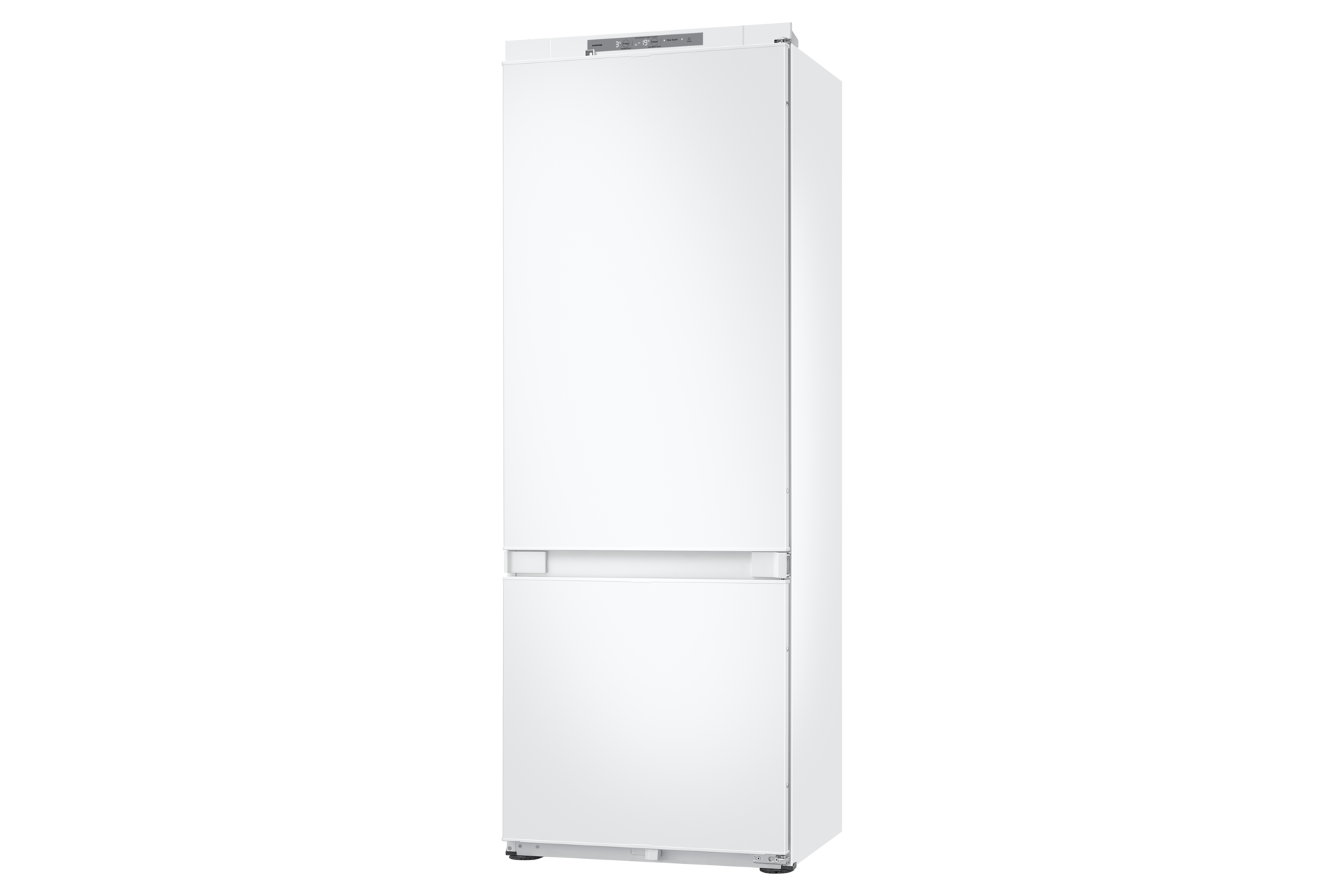 Ein weißer Kühlschrank. Der obere Teil ist eine Tür, und der untere ist eine Schublade. Der Kühlschrank steht auf schwarzem Grund.