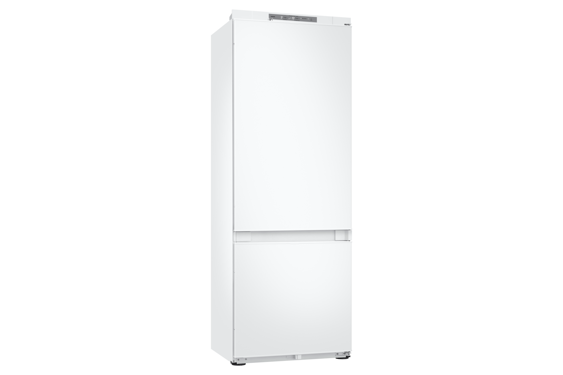 Weißer Kühlschrank, hoch, mit Tür oben und Schublade unten, auf schwarzem Hintergrund.