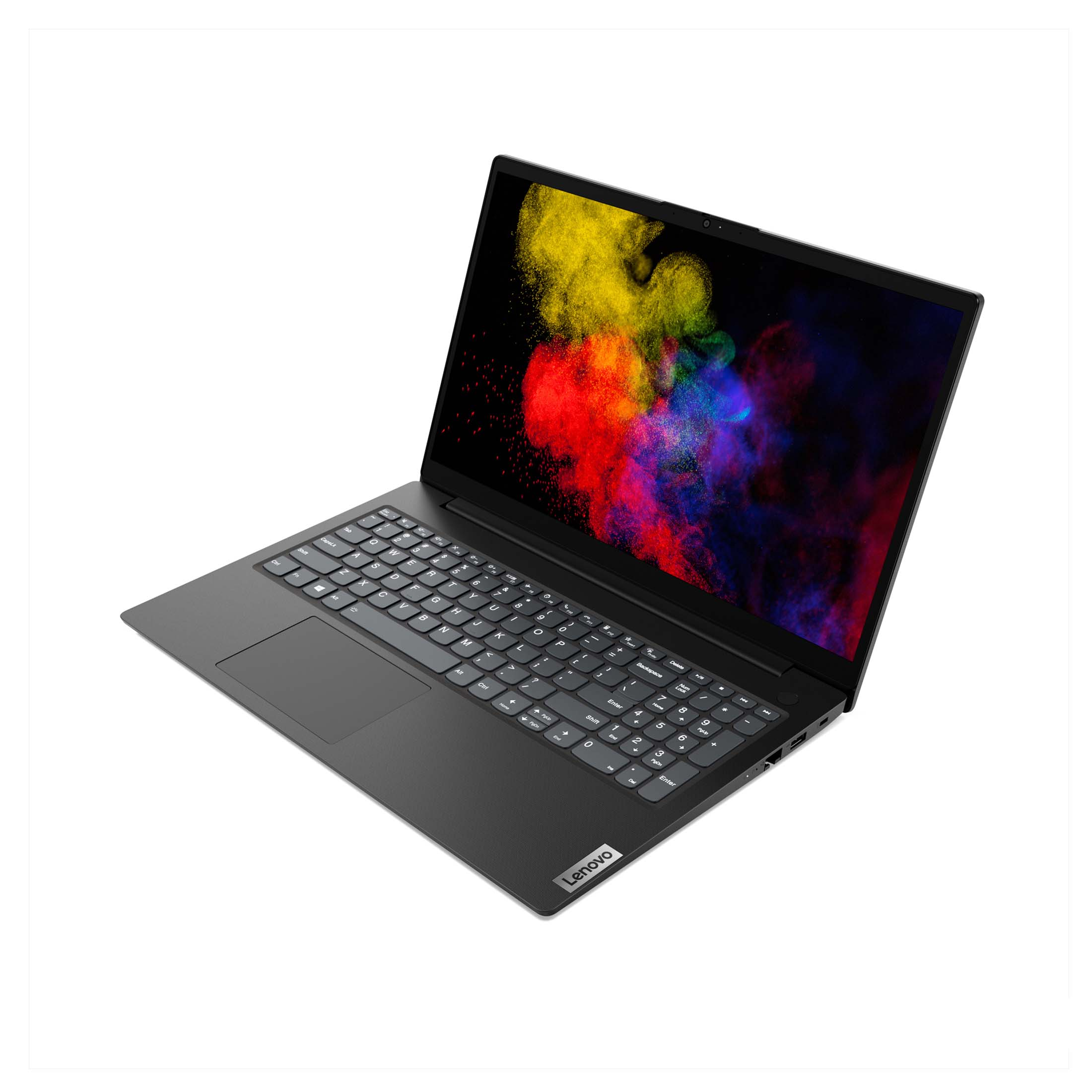 Schwarzer Laptop offen auf weißer Oberfläche. Der Bildschirm zeigt bunte abstrakte Kunst. Die Tastatur ist sichtbar. Das Lenovo-Logo erscheint.