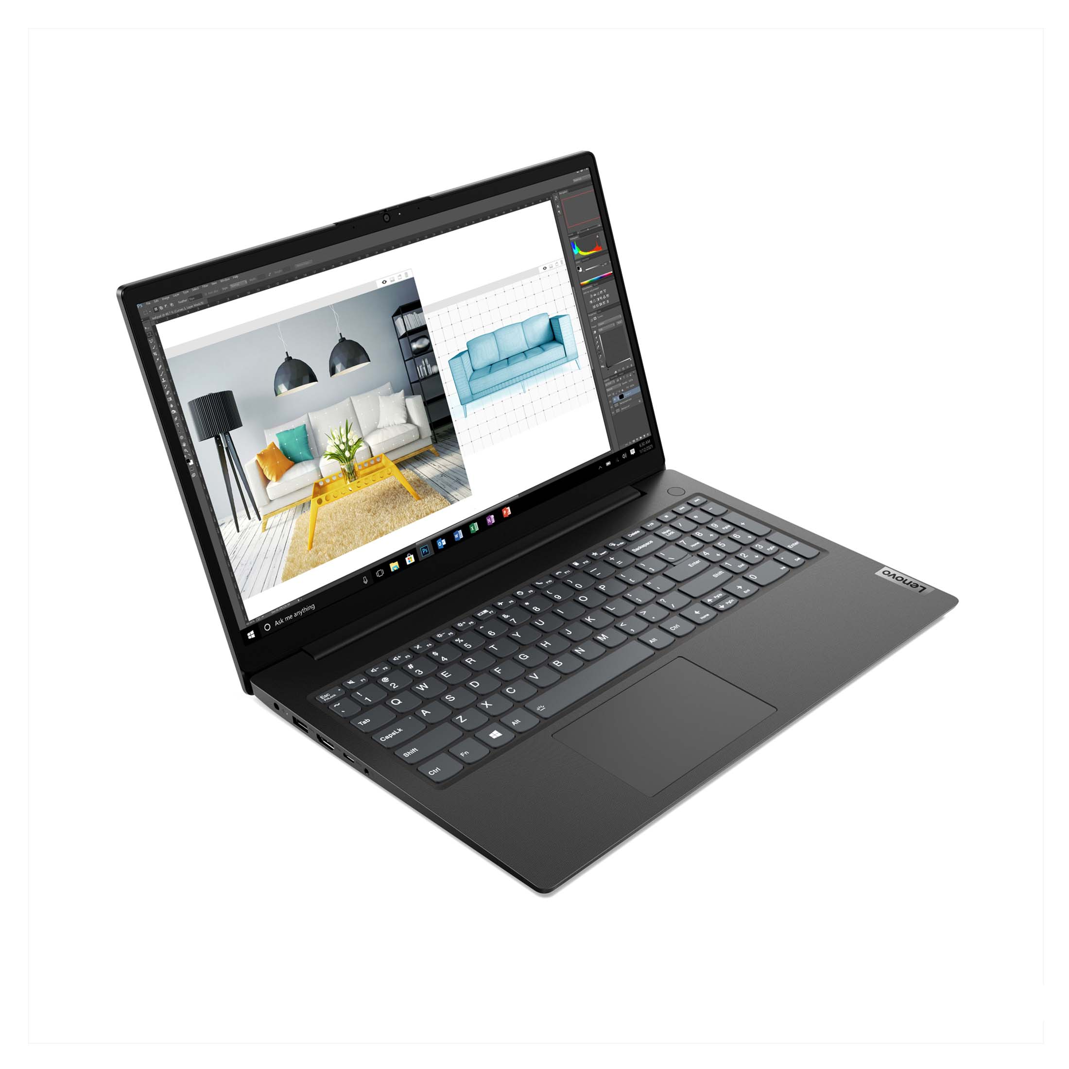 Schwarzer Lenovo-Laptop offen, zeigt eine Designsoftware-Oberfläche. Weißer Hintergrund.