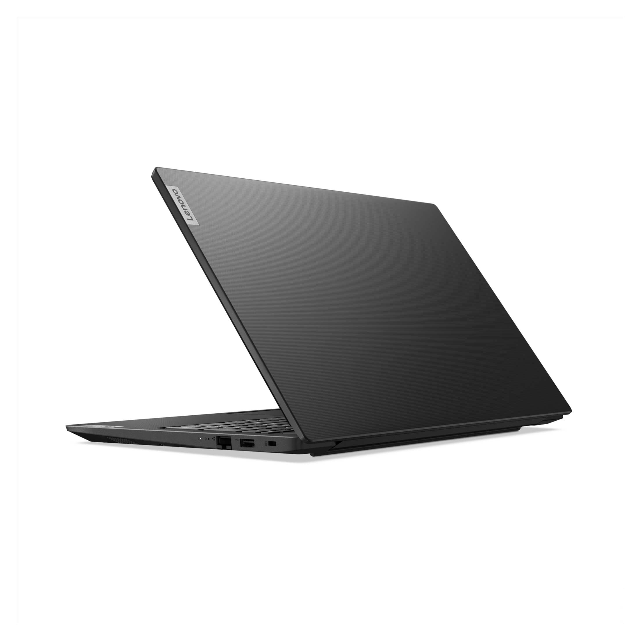 Schwarzer Laptop mit Lenovo-Logo. Der Laptop ist abgewinkelt und zeigt die Tastatur.