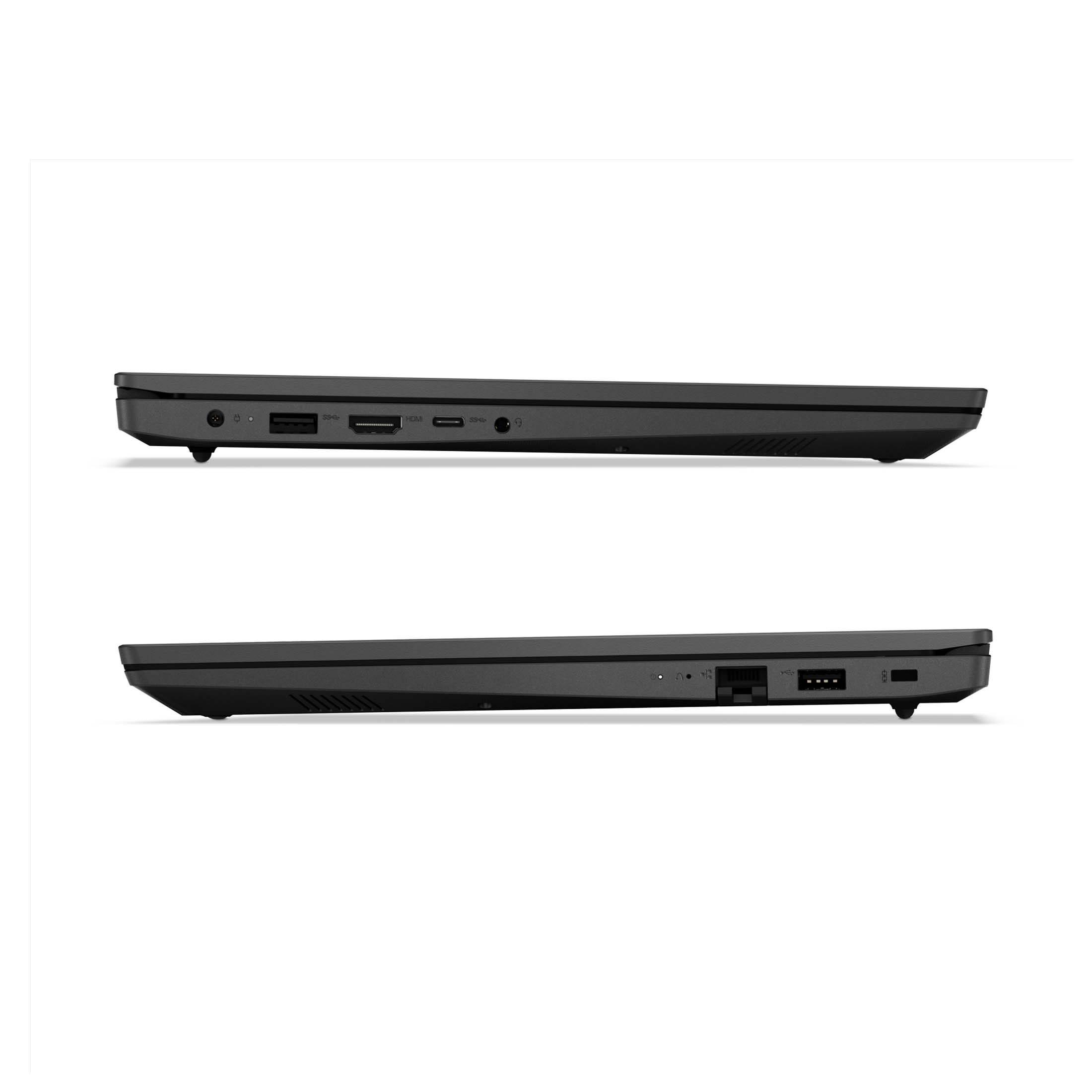 Zwei schwarze Laptops, Seitenansicht, Anschlüsse und Seitenprofil zeigend. Weißer Hintergrund.