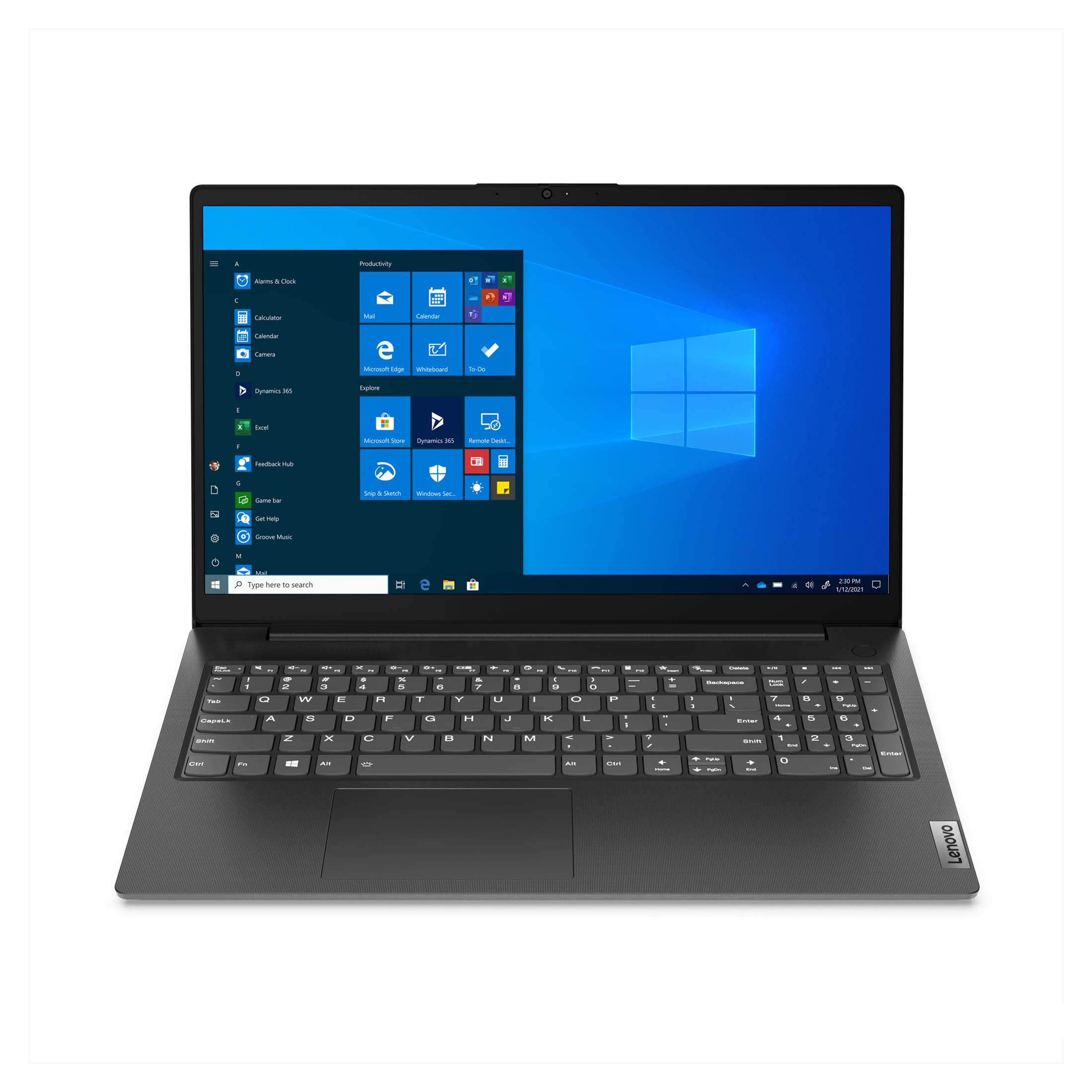 Schwarzer Lenovo-Laptop offen, Windows-Desktop zeigend. Weißer Hintergrund.