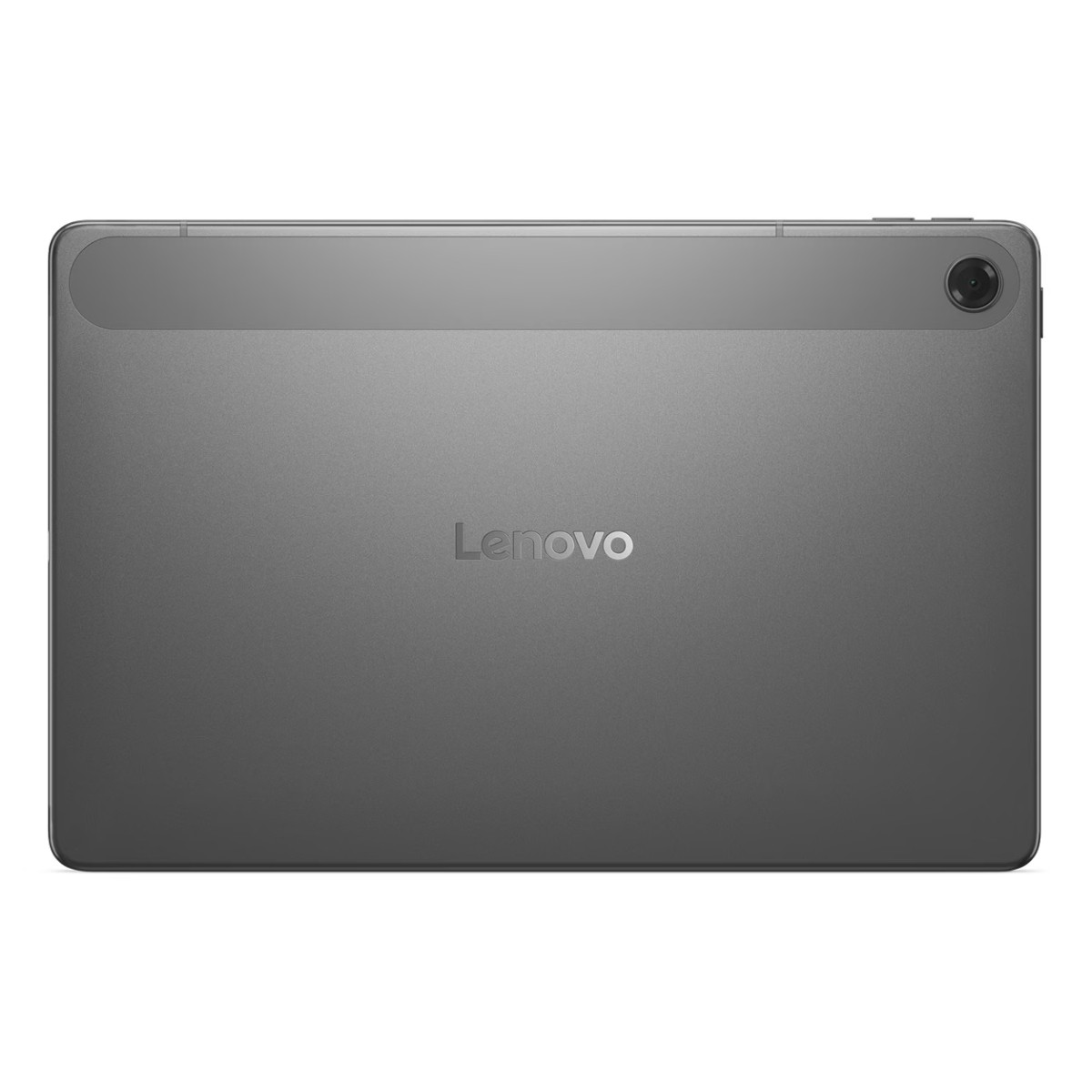 Tył szarego tabletu Lenovo. Obiektyw aparatu znajduje się w prawym górnym rogu. Nazwa marki jest wyśrodkowana.