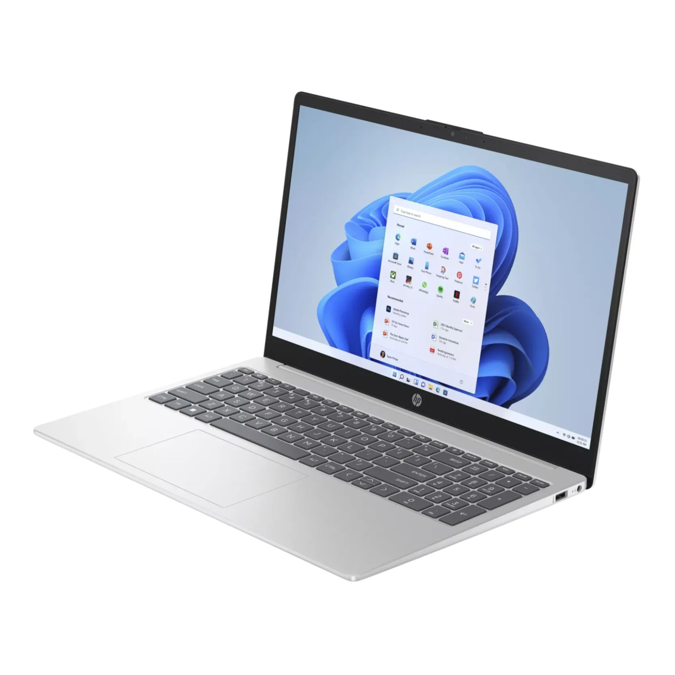 Silberner HP Laptop geöffnet, Windows 11 Interface. Winkelansicht, Tastatur sichtbar, Bildschirm zeigt App-Symbole.