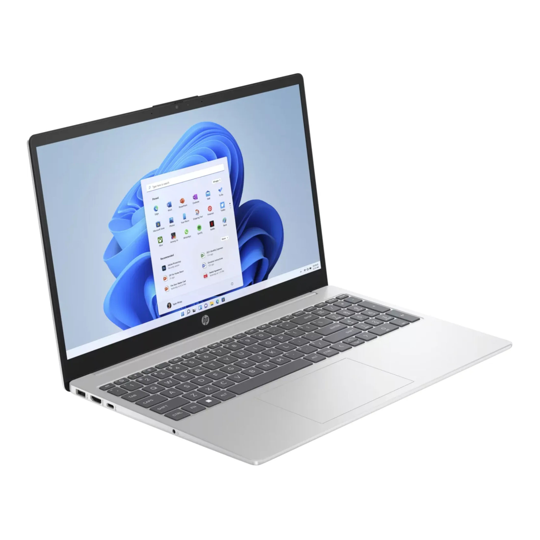 Silberner HP Laptop, geöffnet mit Windows 11. Winkelansicht, Tastatur sichtbar, Bildschirm zeigt App-Symbole.