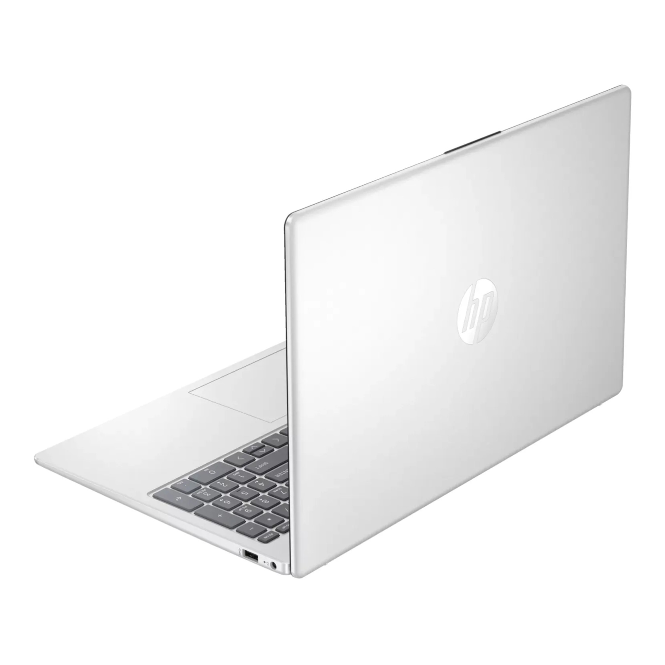 Silberner HP Laptop, geschlossen, Rückansicht. HP-Logo auf dem Deckel sichtbar. Tastatur nicht sichtbar.