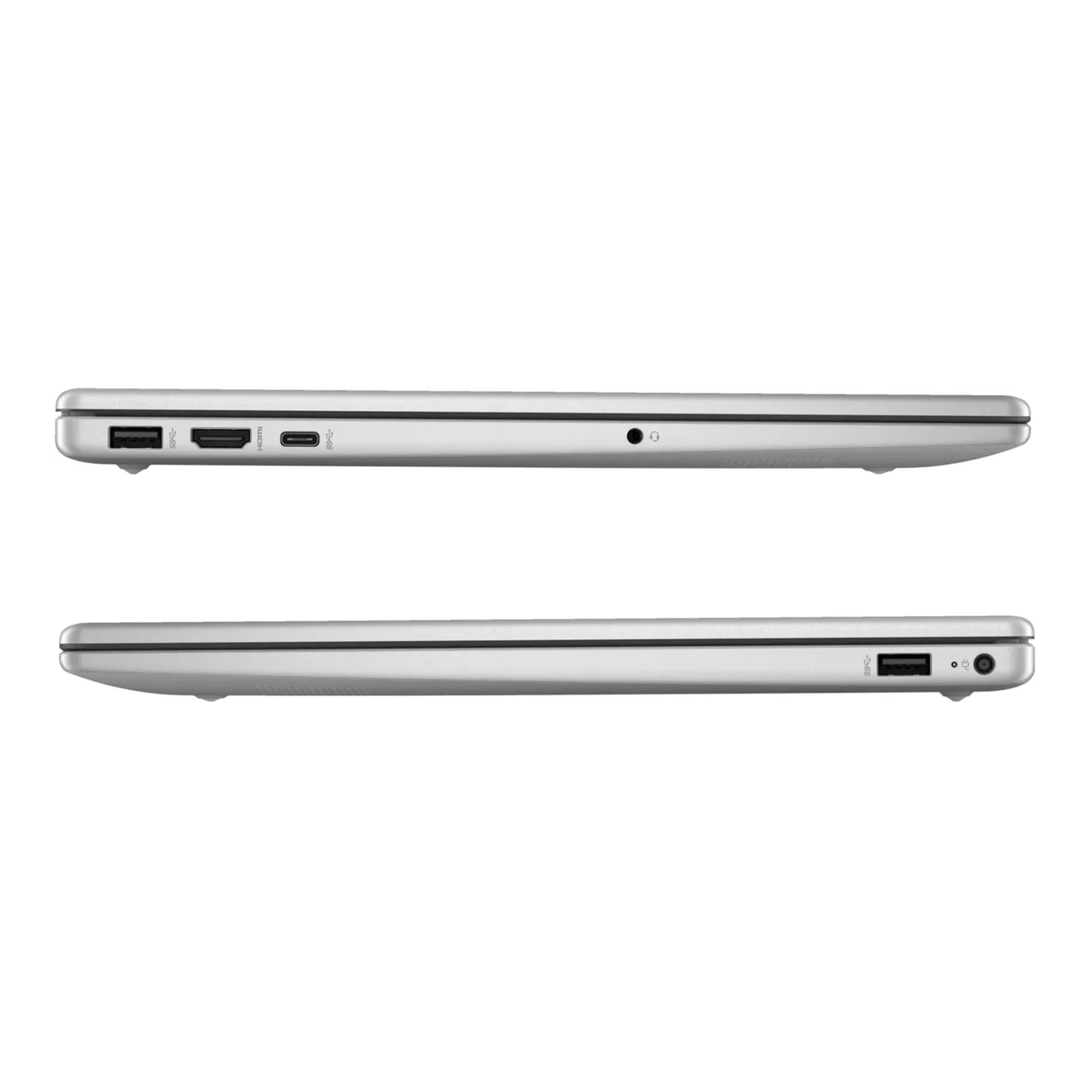 Nahaufnahme des Profils eines silbernen HP Laptops. Anschlüsse und Lüftungsschlitze sind sichtbar.