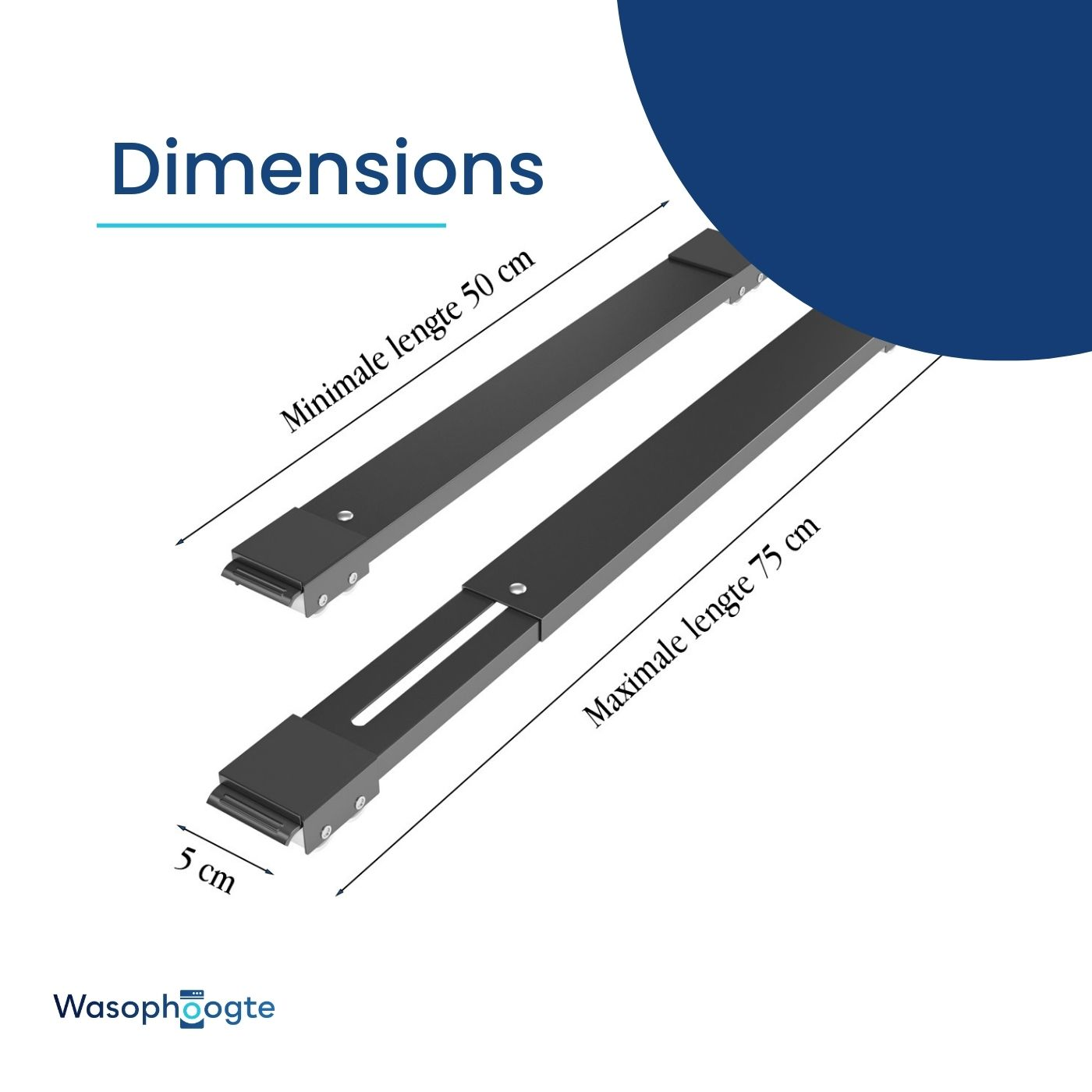 Two black adjustable rails with black ends. Measurements show lengths of 50cm and 75cm, and a width of 5cm. Text: Dimensions.