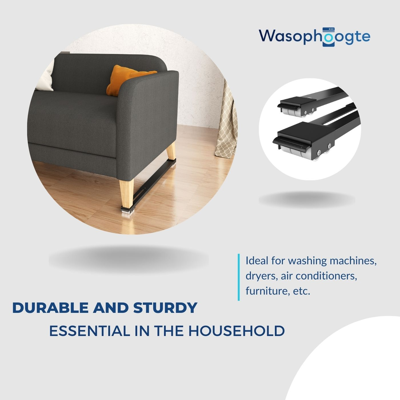 A gray sofa with an orange pillow and furniture movers. Text reads: Durable and sturdy, essential in the household.