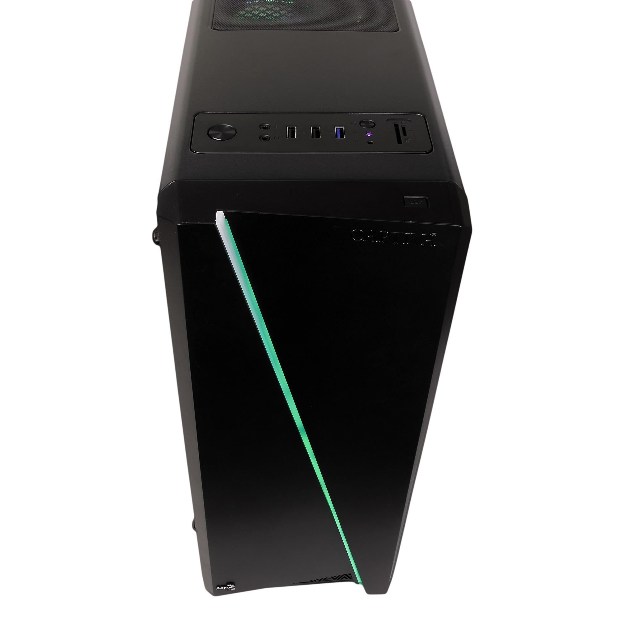 Schwarzes Computergehäuse mit grünem Lichtstreifen. Draufsicht zeigt Anschlüsse und Knöpfe. Markenname 'Aerocool' sichtbar.