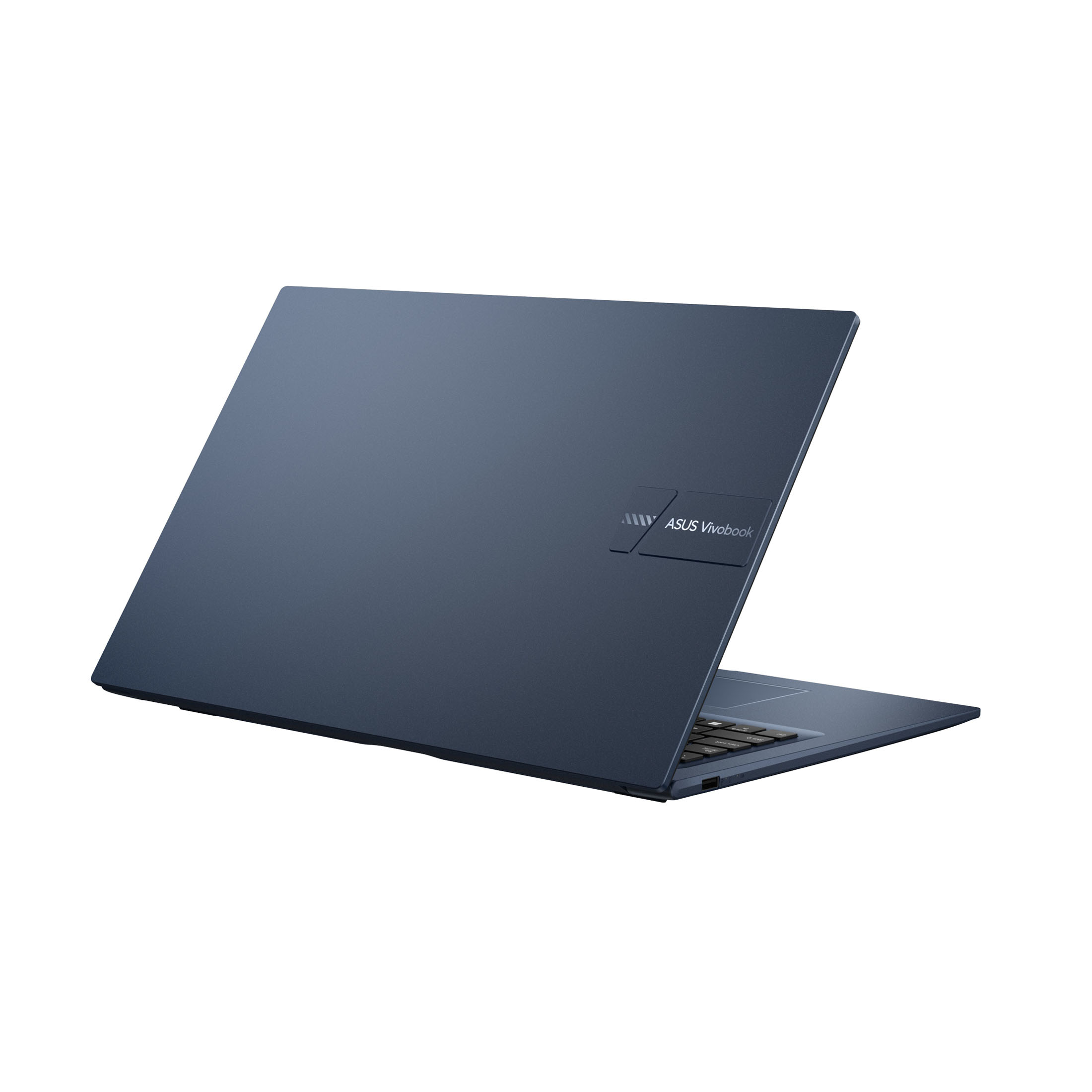 Rückseite des blauen ASUS Vivobook Laptops, leicht geöffnet. ASUS Vivobook Logo sichtbar.