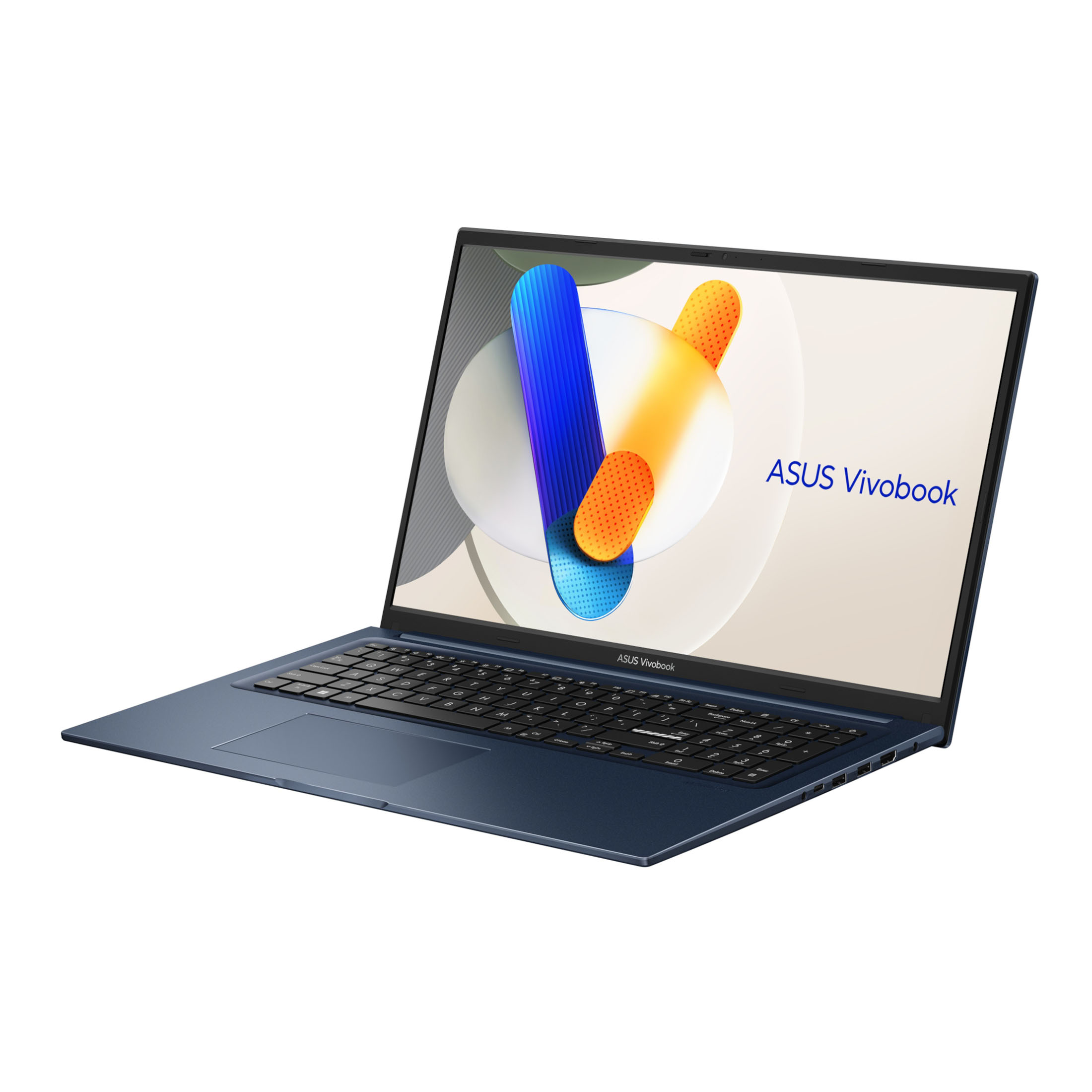 Blauer ASUS Vivobook Laptop, offen in einem Winkel. Display zeigt ein Design.