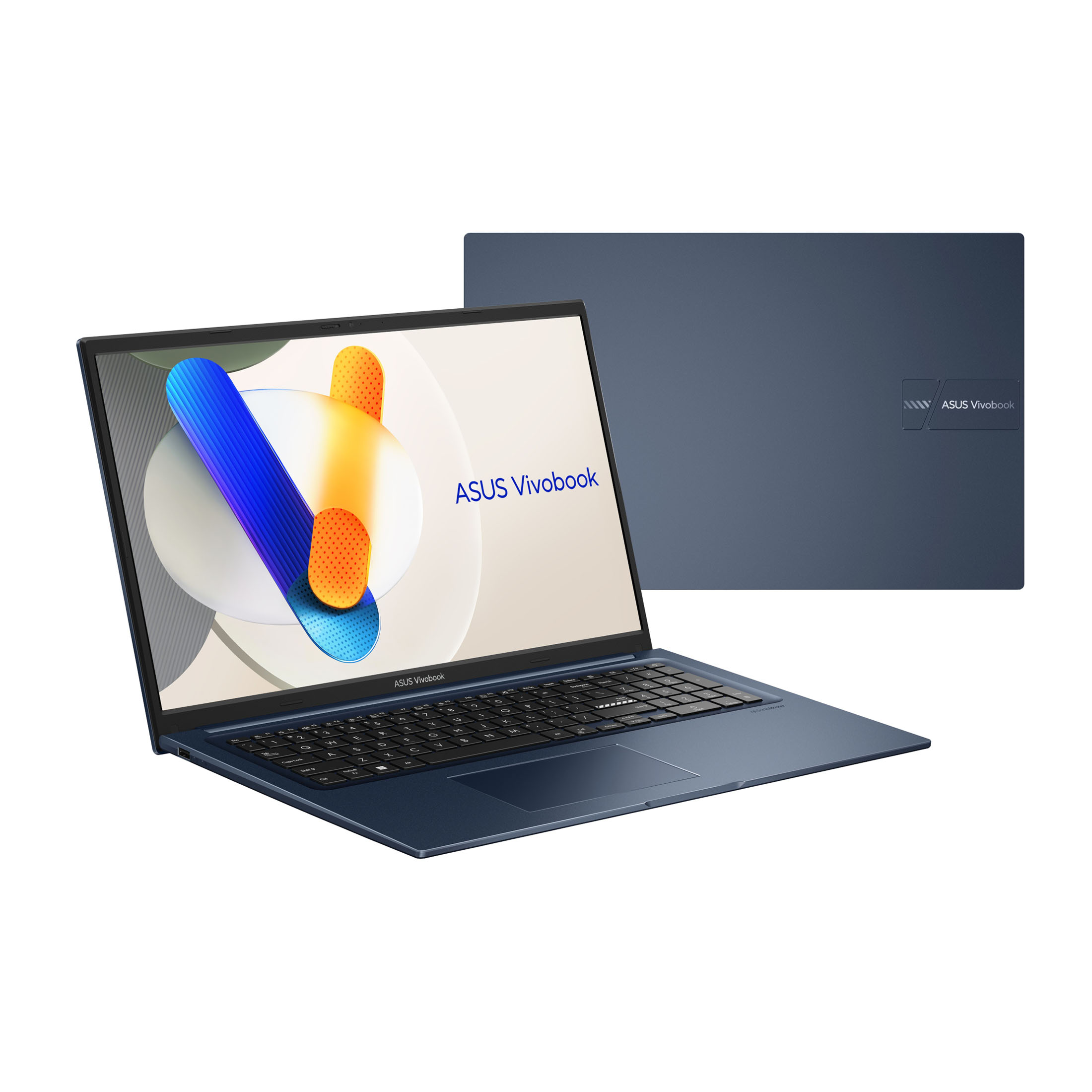 Blauer Laptop mit offenem Bildschirm und geschlossenem Deckel auf weißem Hintergrund. ASUS Vivobook Text sichtbar.