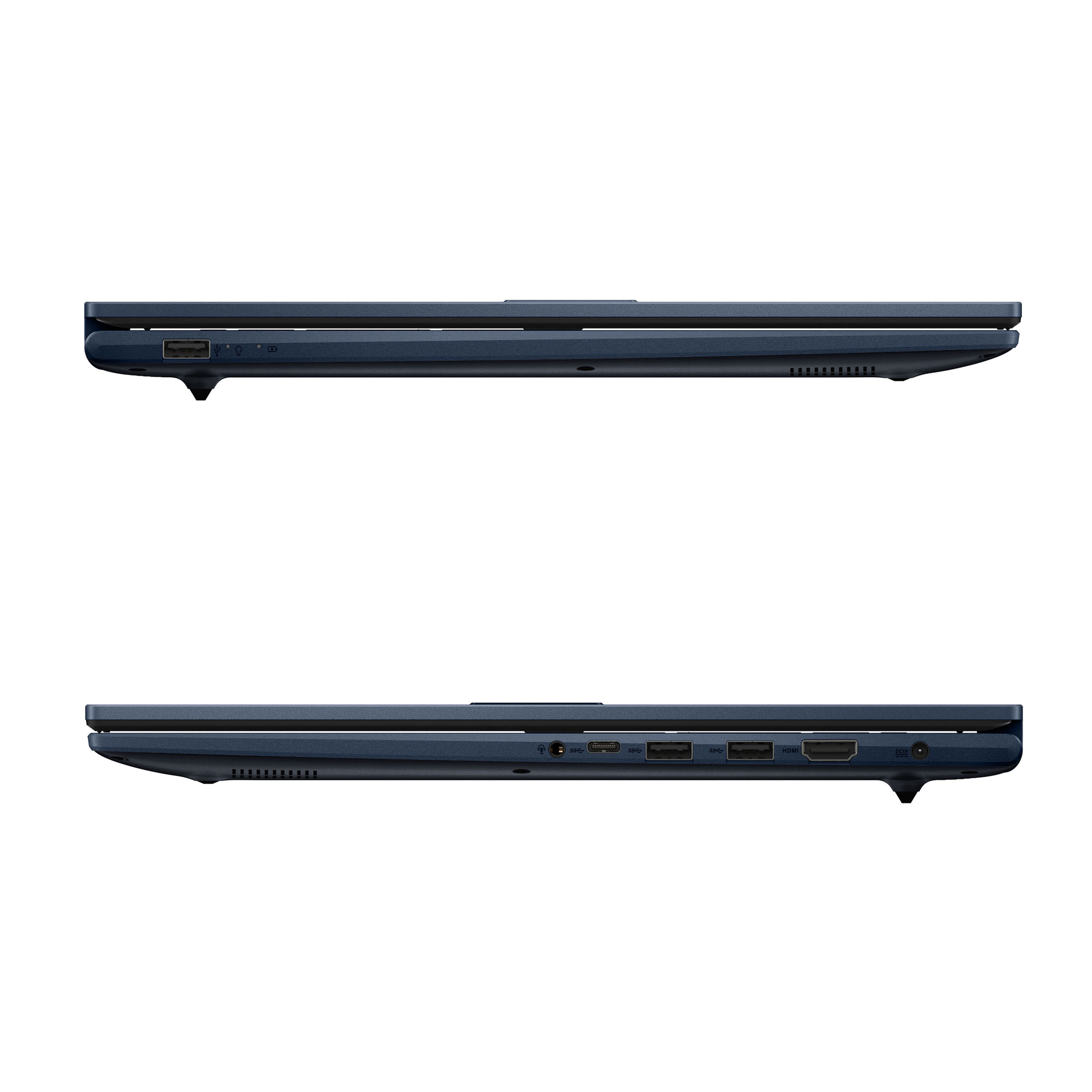 Zwei Ansichten eines geschlossenen, blauen Laptops. Anschlüsse an den Seiten sichtbar.