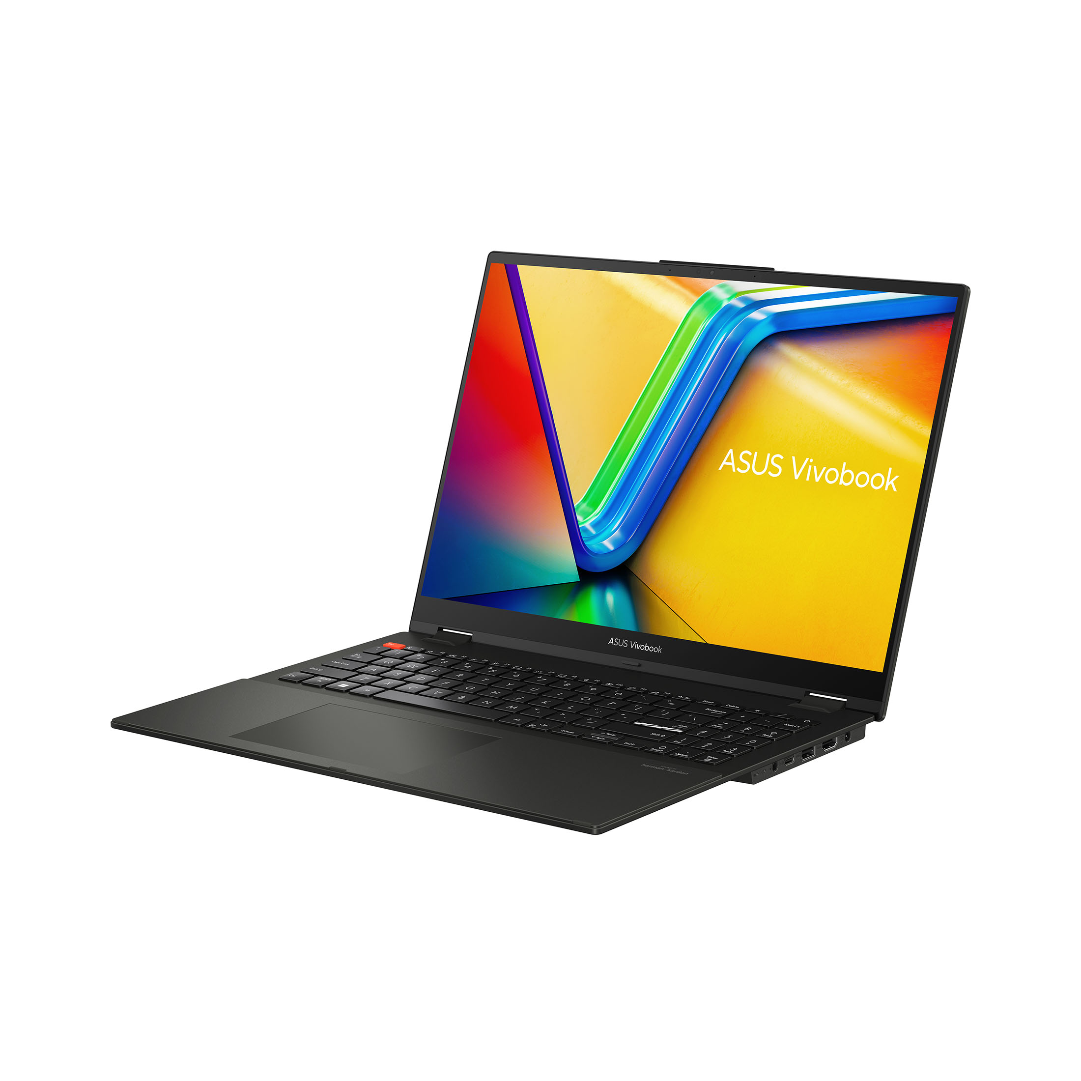 Ein geöffneter schwarzer Laptop liegt auf einer weißen Oberfläche. Der Bildschirm zeigt eine farbenfrohe Oberfläche. Der Markenname ist ASUS Vivobook.